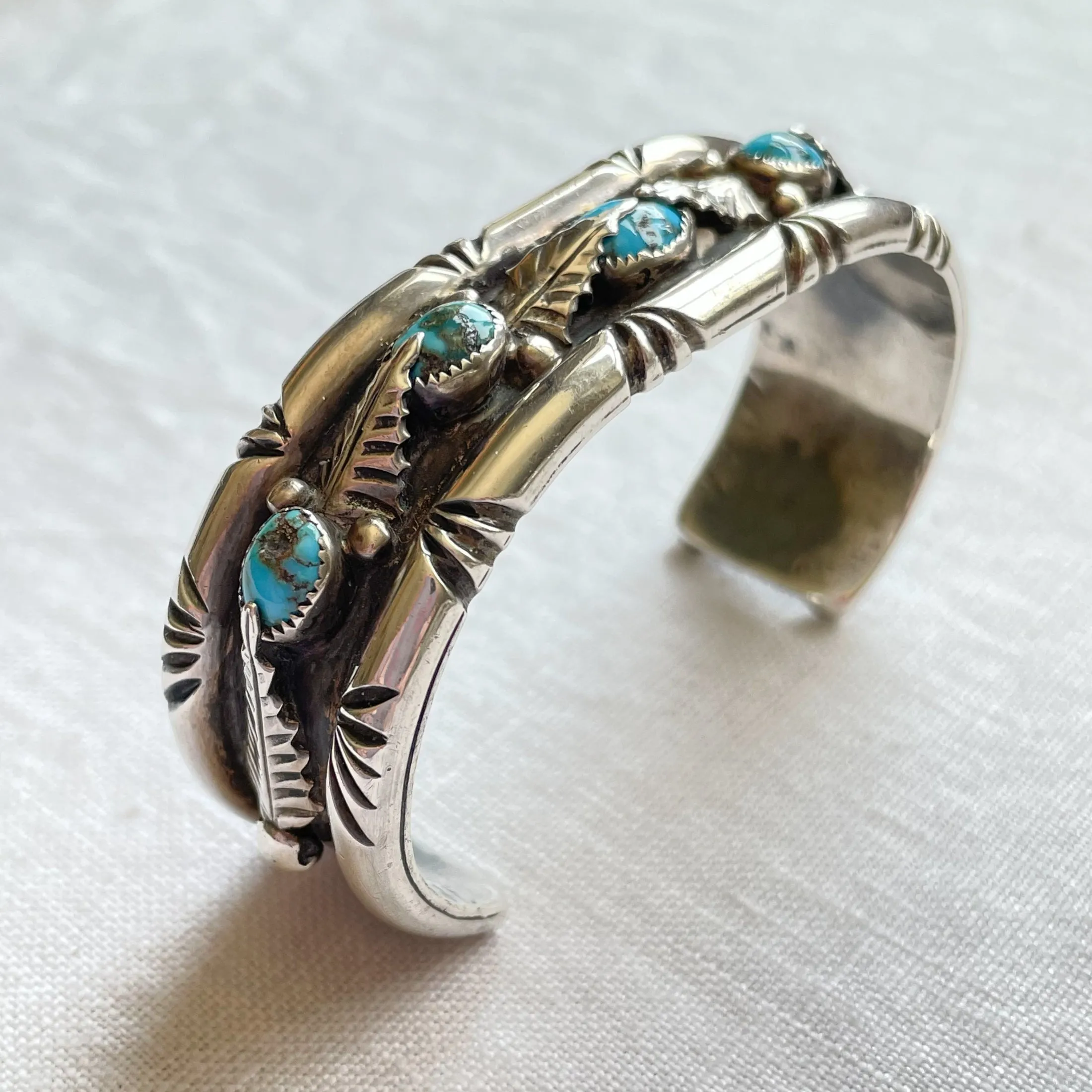 G.A. Vintage 70s Sterling Turquoise Leaf Applique Bracelet, Genevieve Apachito Navajo