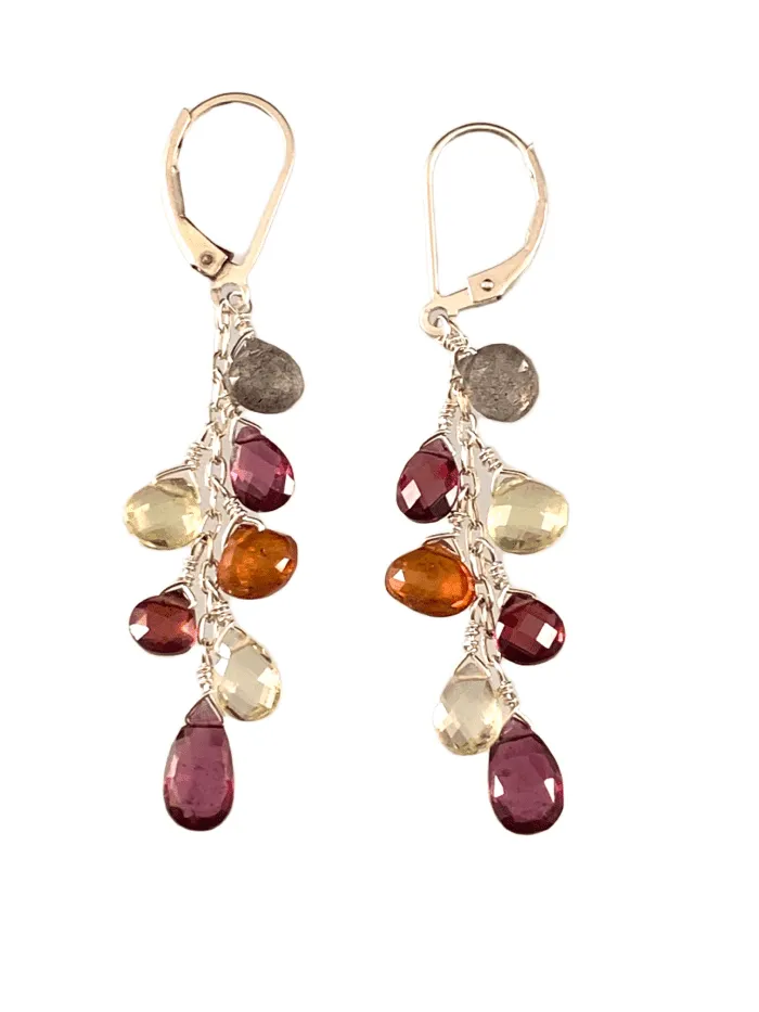 Garnet Topaz Lemon Quartz Citrine Labradorite Silver Waterfall Gemstone Earrings