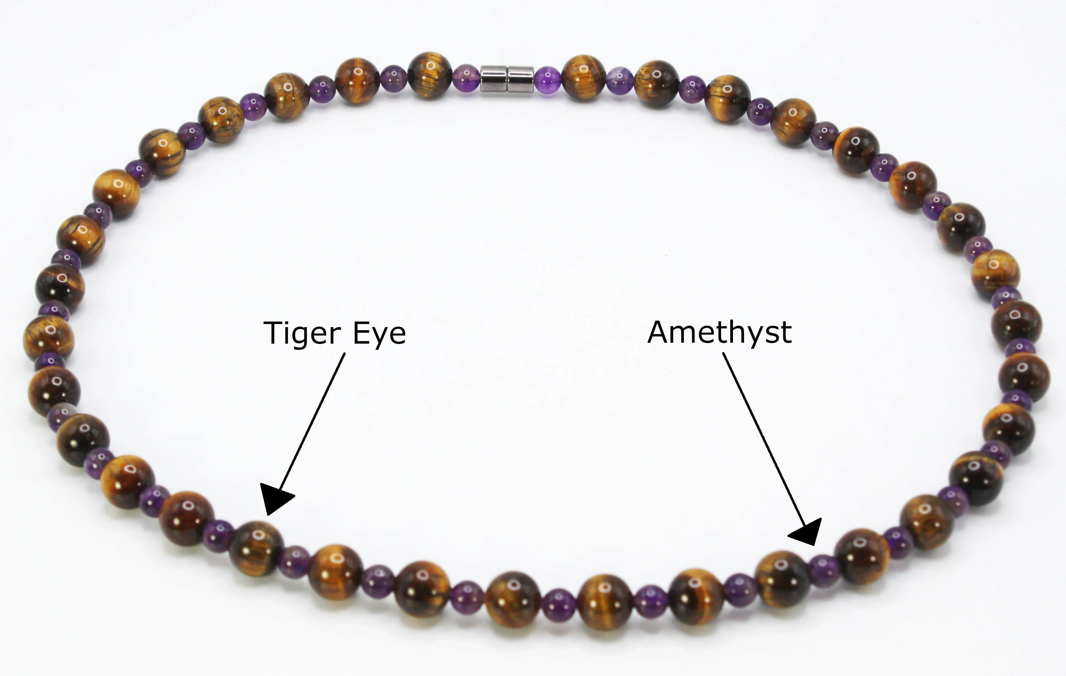 Genuine Tigers Eye and Amethyst Necklace - Gifts for Men/Women - 10mm and 6mm Beaded Necklace