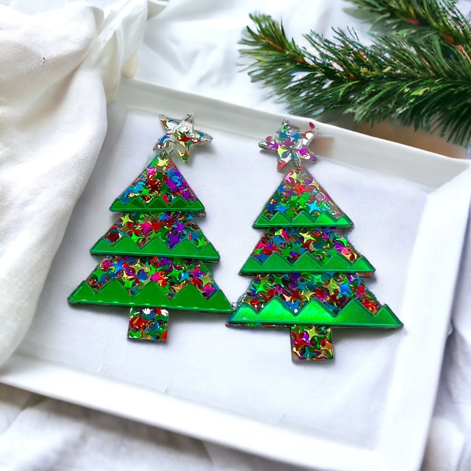 Glitter Christmas Tree Earrings - Christmas Earrings, Glitter Earrings, Christmas Jewelry, Sparkle Queen, Secret Santa, Holiday Earrings