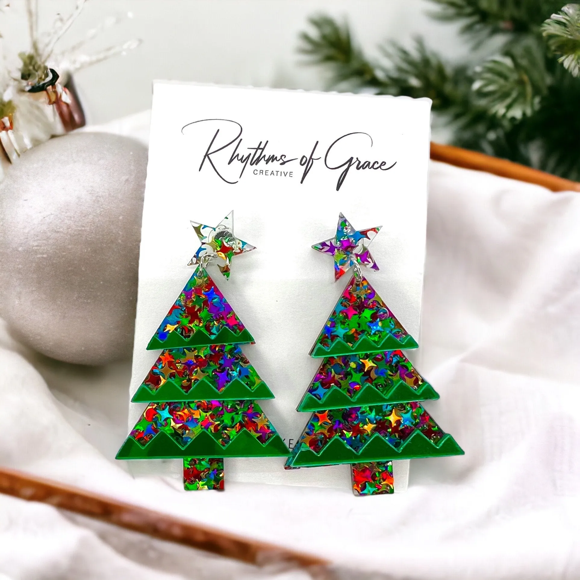 Glitter Christmas Tree Earrings - Christmas Earrings, Glitter Earrings, Christmas Jewelry, Sparkle Queen, Secret Santa, Holiday Earrings