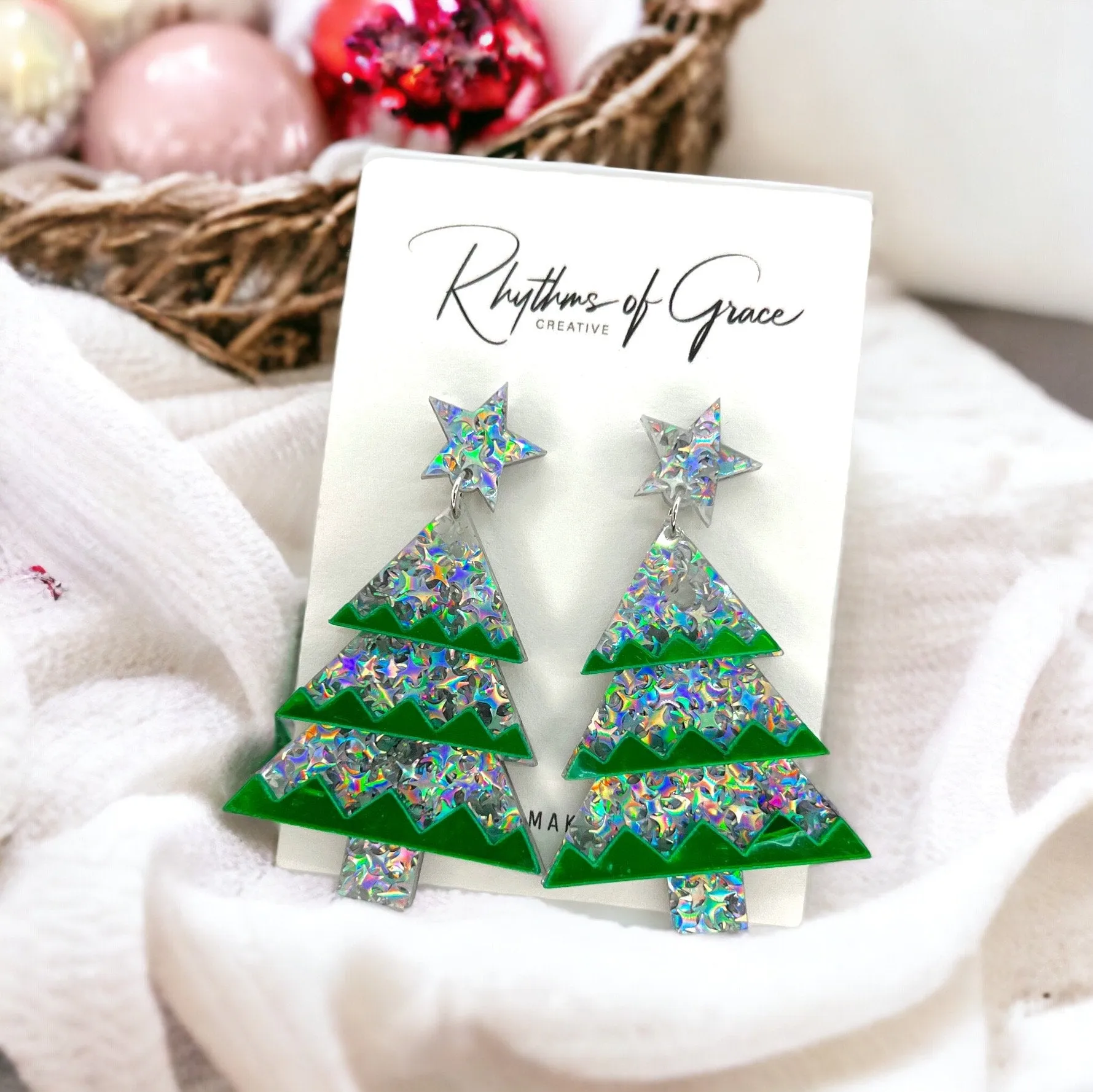 Glitter Christmas Tree Earrings - Christmas Earrings, Glitter Earrings, Christmas Jewelry, Sparkle Queen, Secret Santa, Holiday Earrings