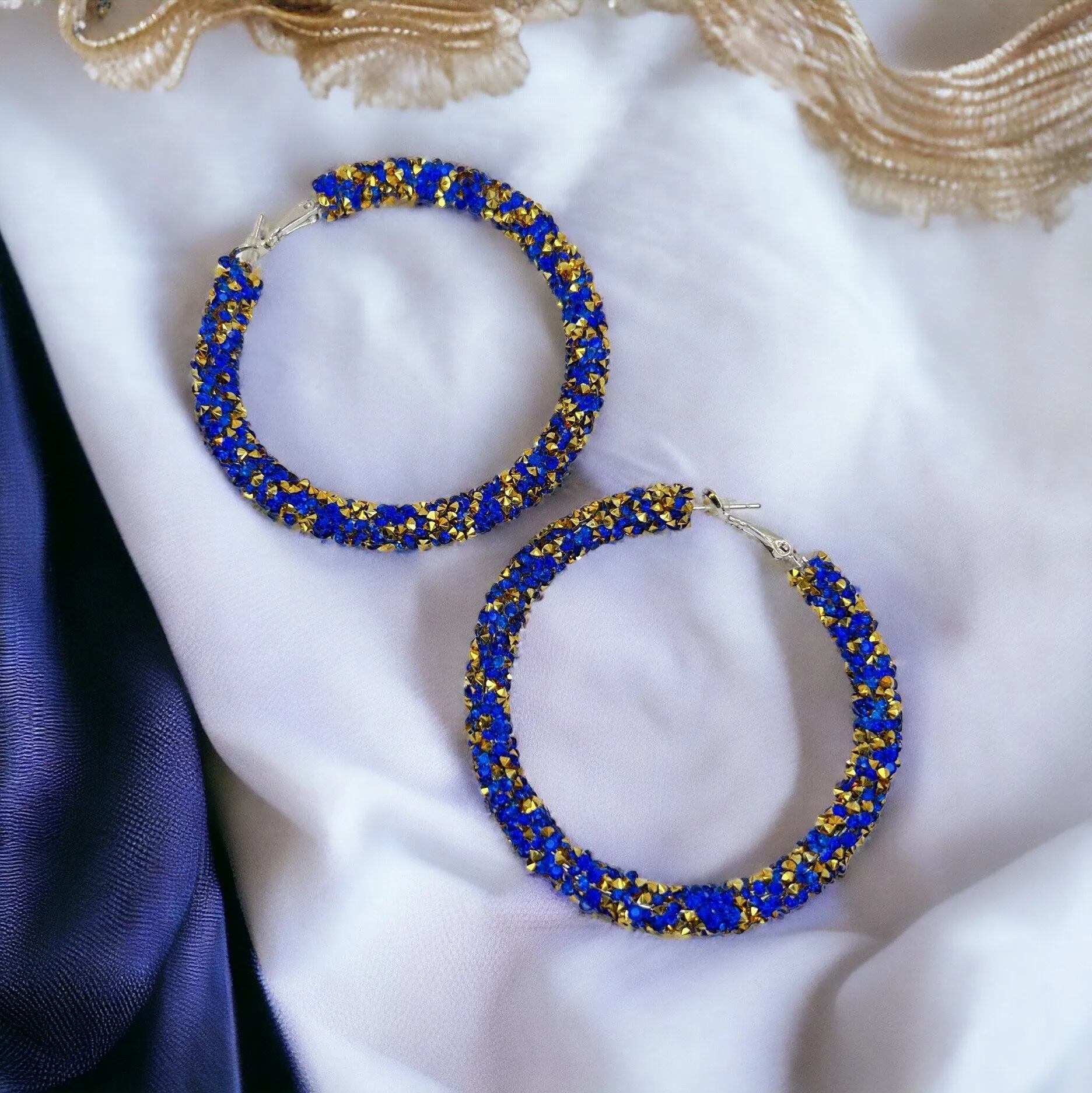 Glitter Hoops - Blue and Gold, New Orleans, Blue Hoops, Gold Hoops, Handmade Earrings, Glitter Accessories, Handmade Jewelry, Blue Gold