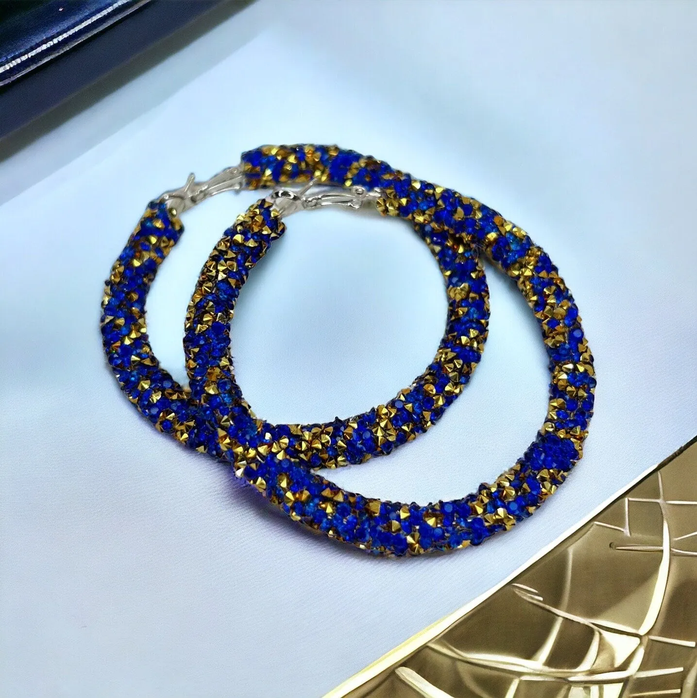 Glitter Hoops - Blue and Gold, New Orleans, Blue Hoops, Gold Hoops, Handmade Earrings, Glitter Accessories, Handmade Jewelry, Blue Gold