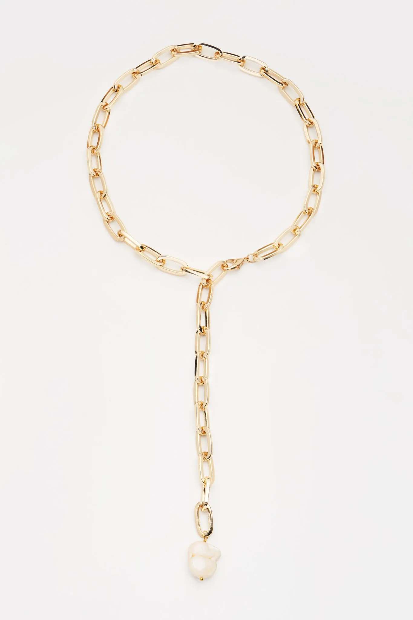 Gold lariat chain necklace with baroque pearl