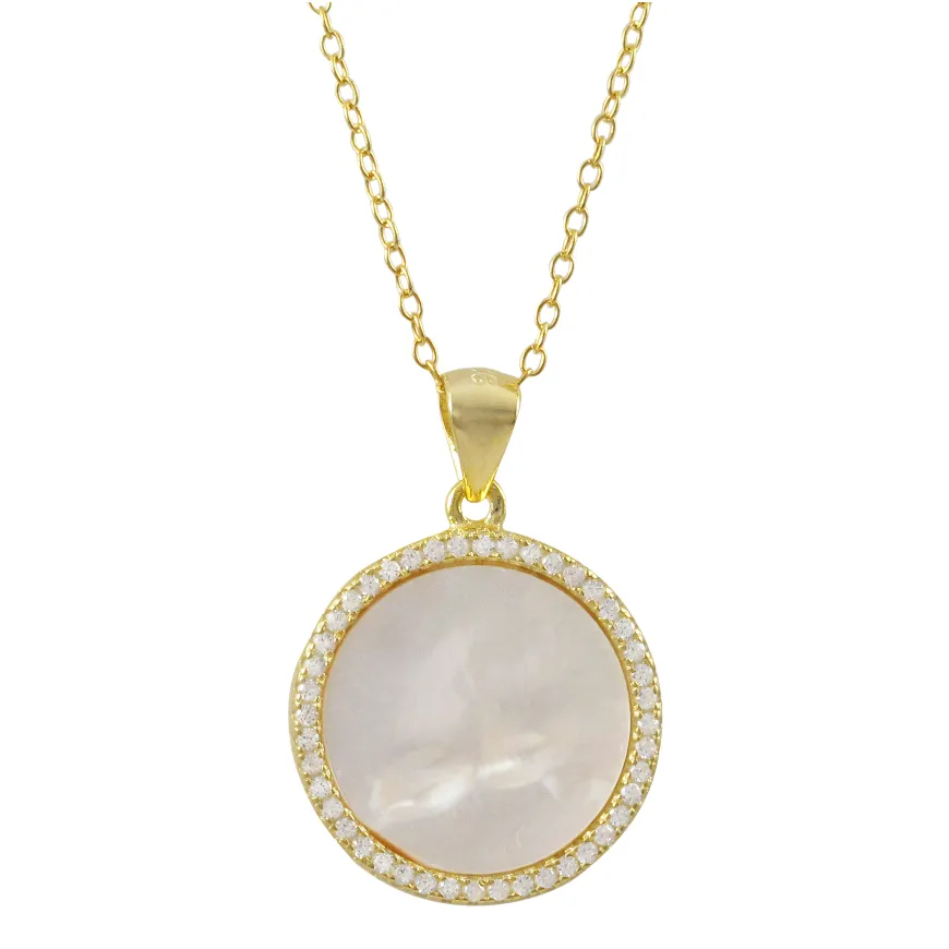 Gold Plated Necklace with Mother of Pearl Circle with CZ Bezel