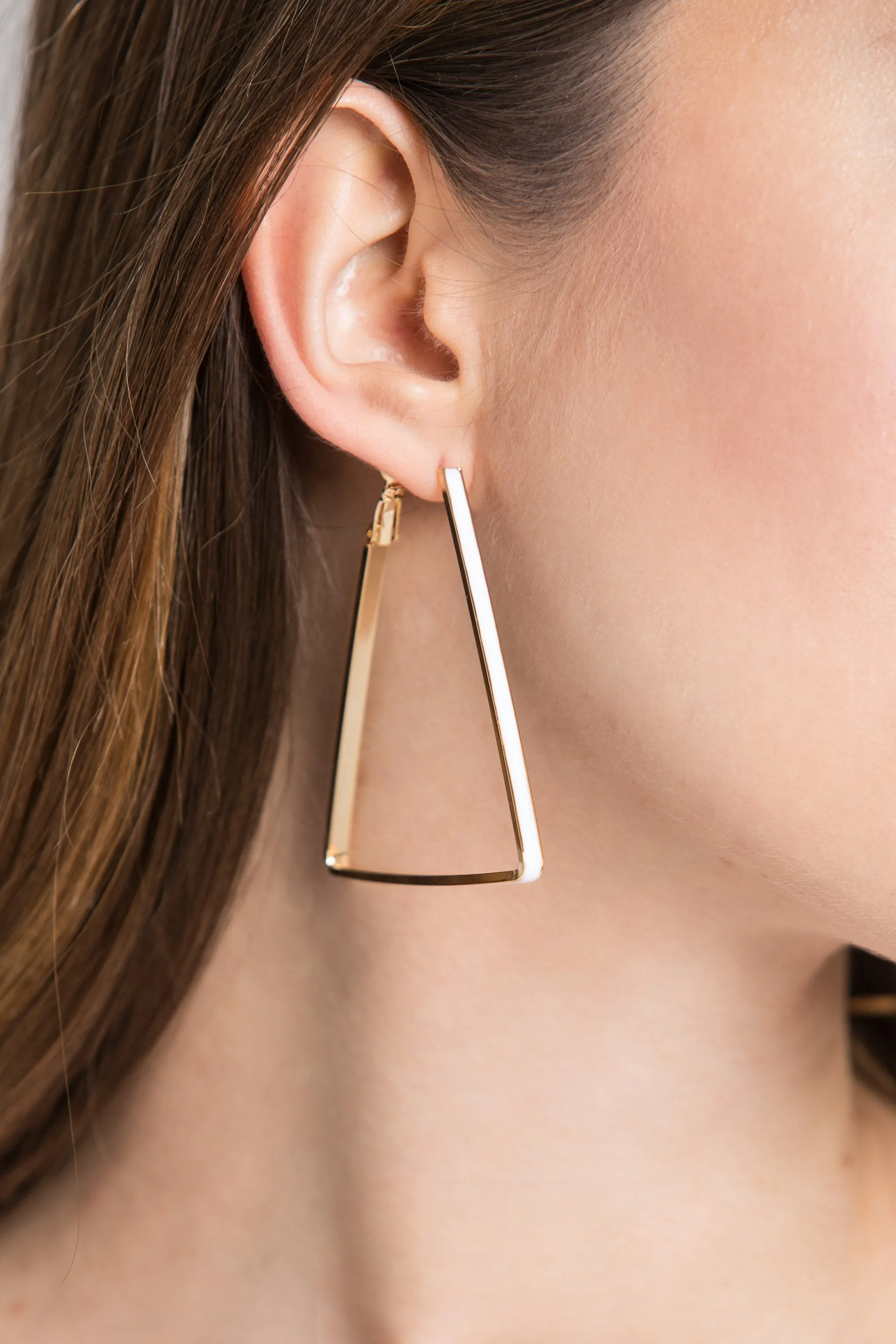 Gold Plated Triangle White Trim Loop Earrings