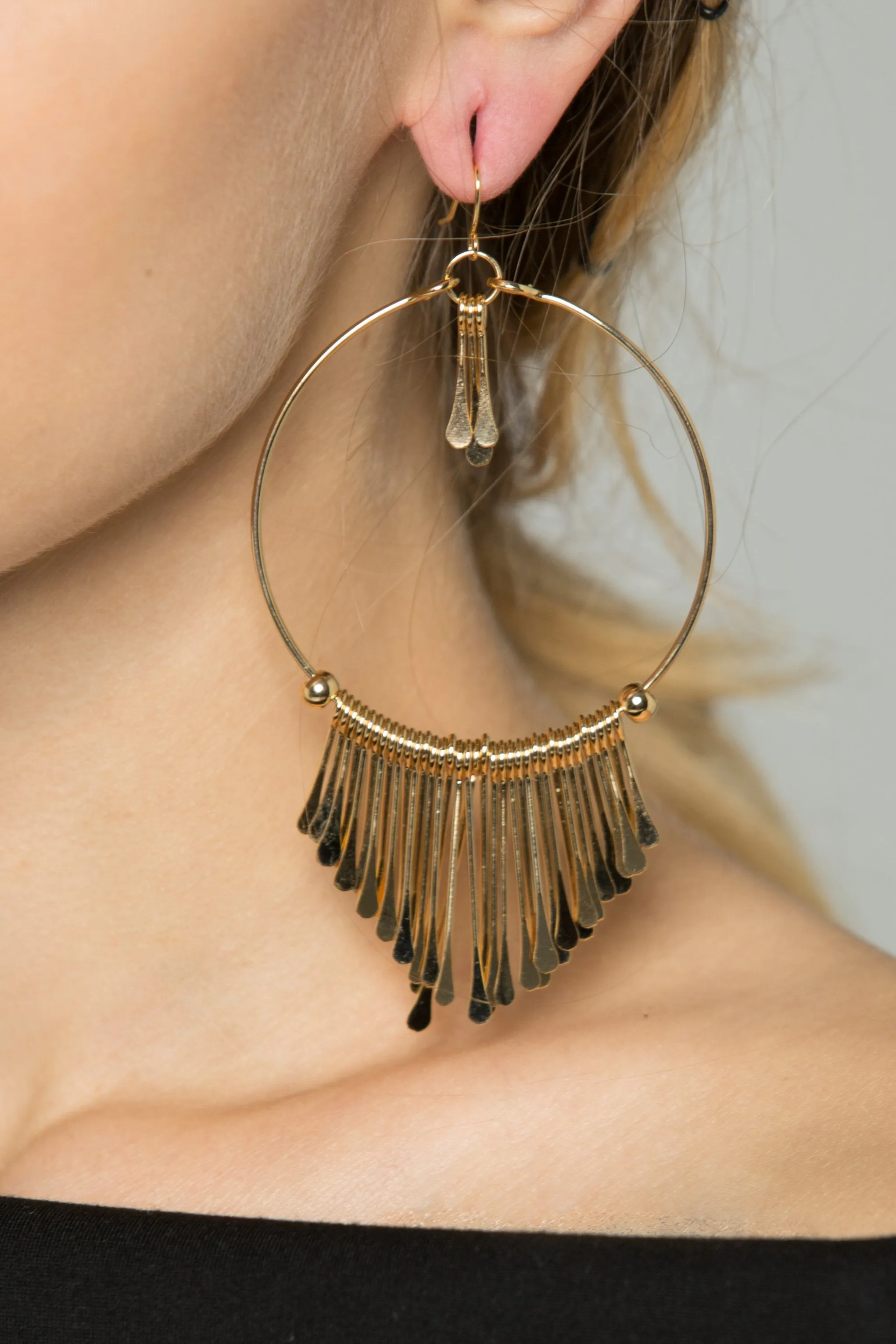 Gold Round Fringed Drop Earrings