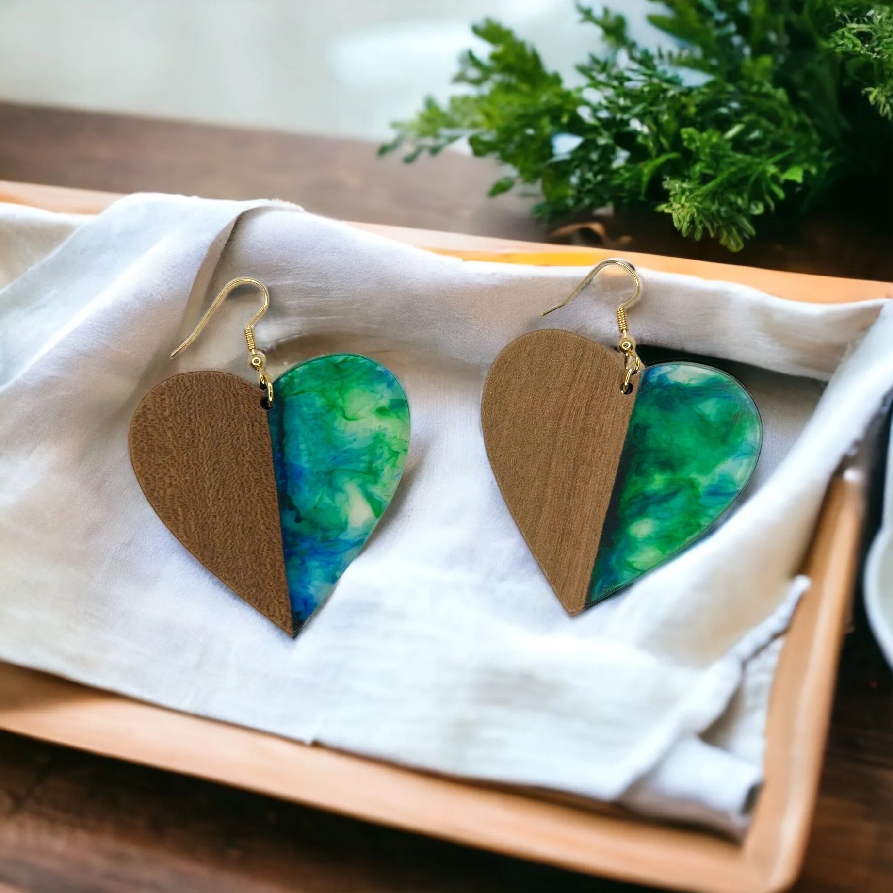 Green Heart Earrings - Wood Jewelry, Stained Glass, Heart Accessories, Green Jewelry, Color Block Jewelry, Dangle Earrings, Green Earrings