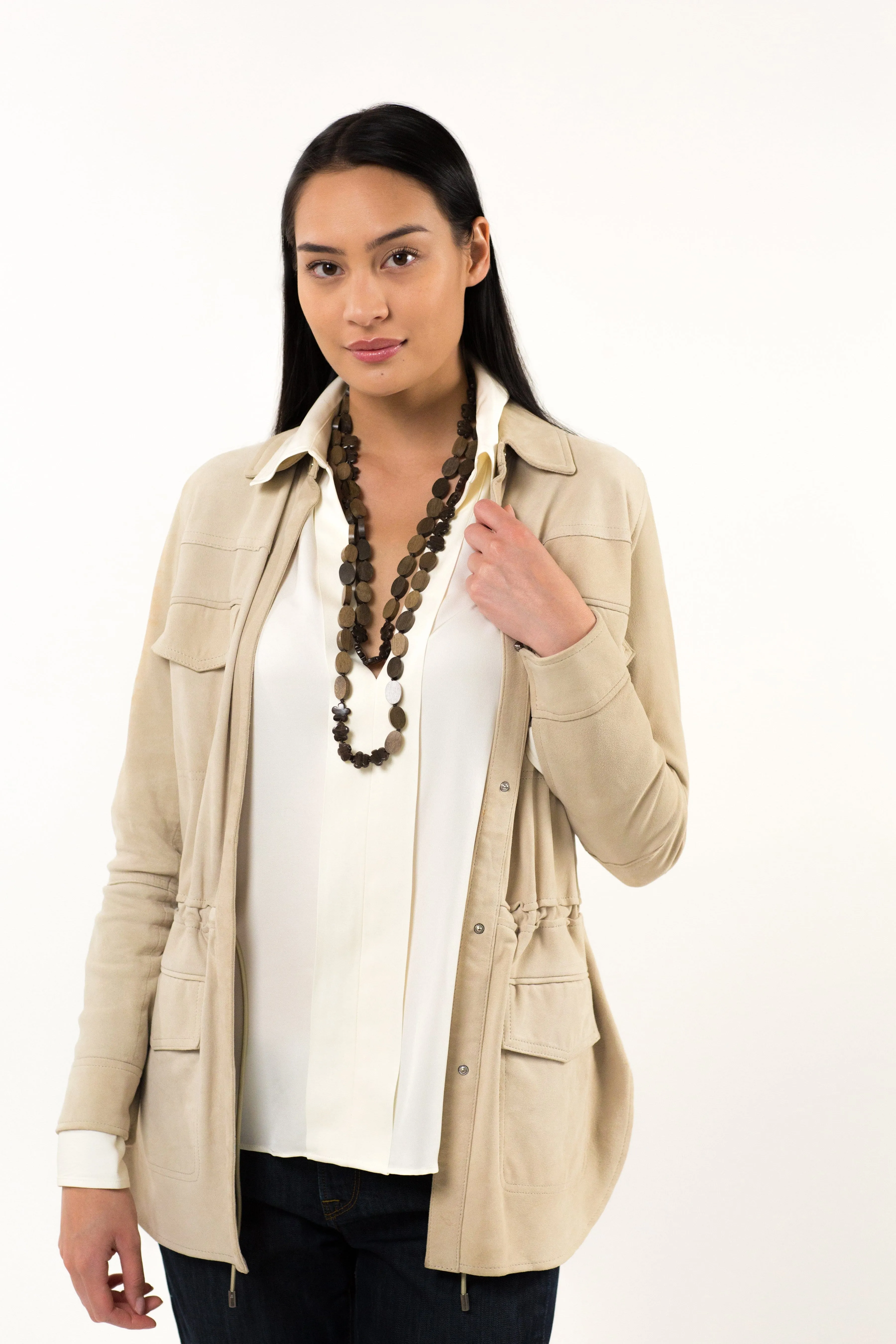 Grey Hardwood Oval and Bronzite Flower Necklace