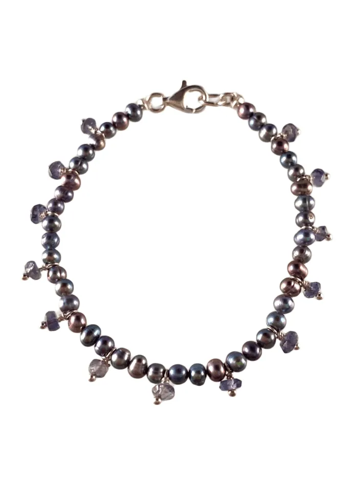 Grey Pearl Fringed Gemstone Bracelet in Assorted Colors