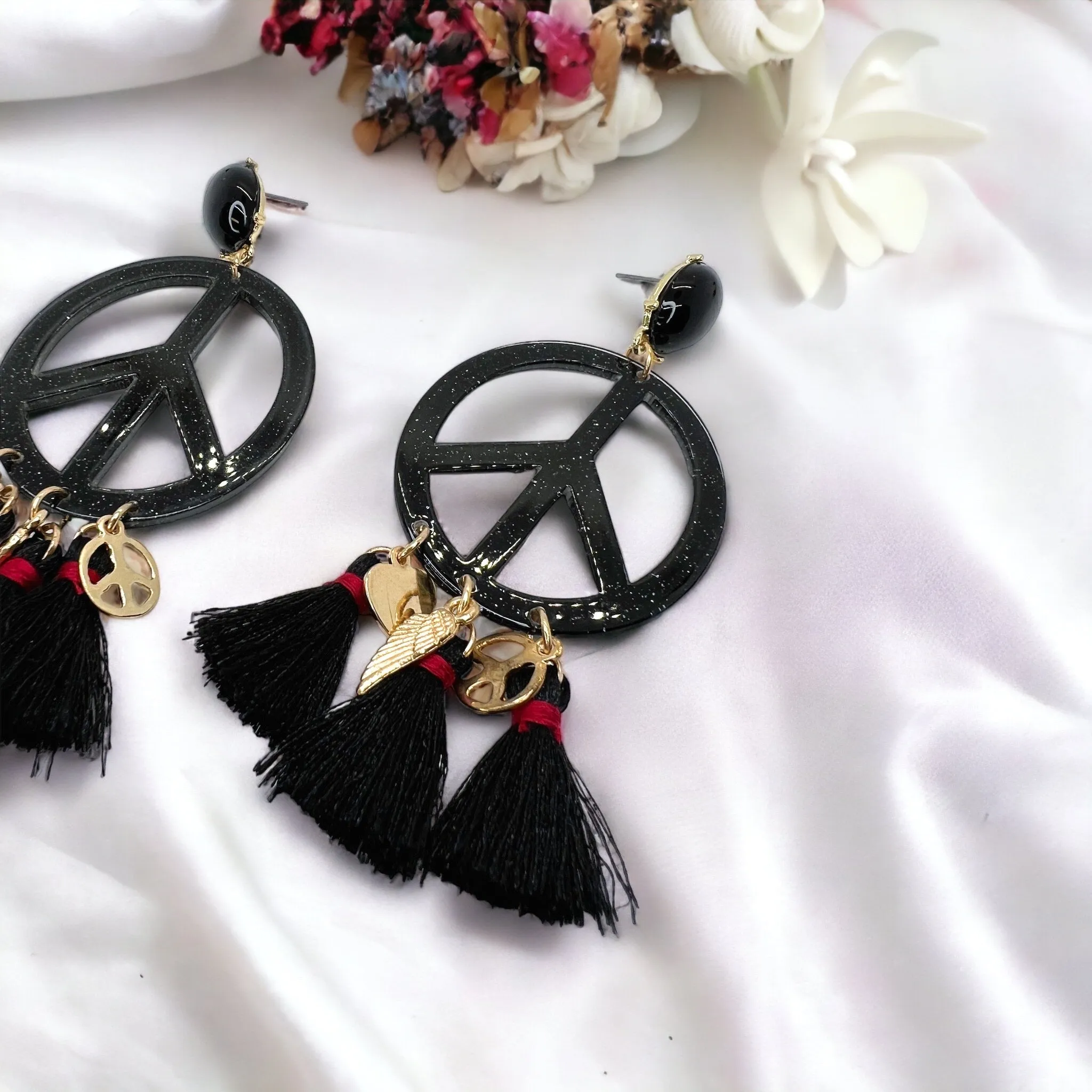 Gypsy Peace Earrings - Festival Accessories, Peace Sign, Handmade Jewelry, Bohemian, Boho Style, Fest, Black, Gypsy Earrings, Dangle