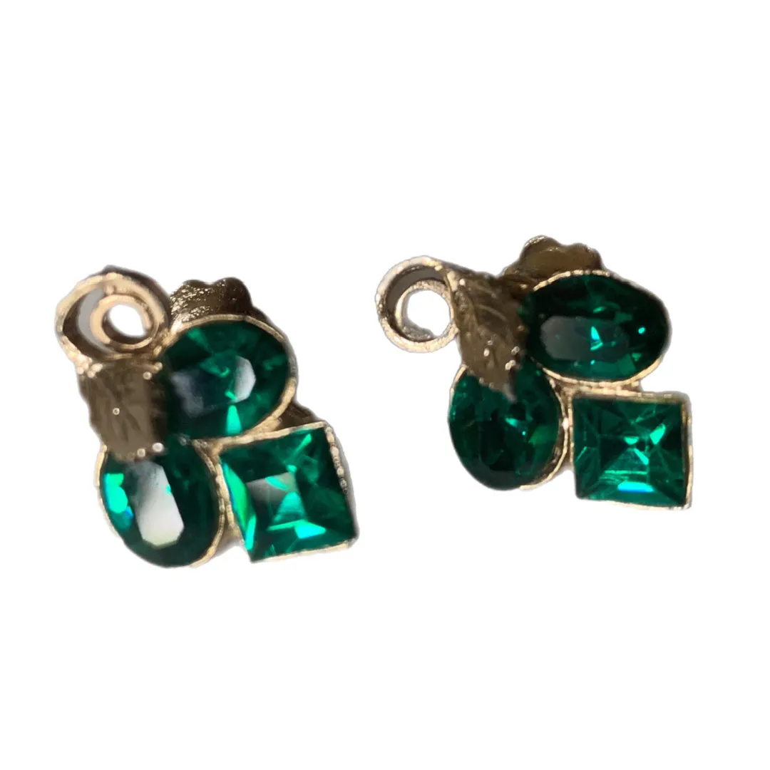 Kelly Green Rhinestone Clip Earrings circa 1940s