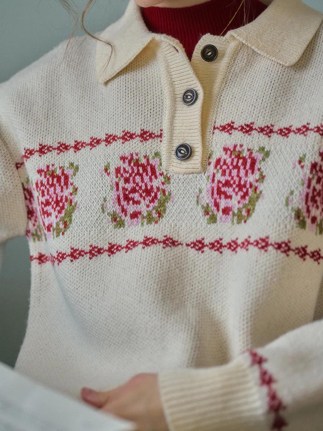 Lea Knitted POLO Collar Rose Jacquard Fair Isle Sweater