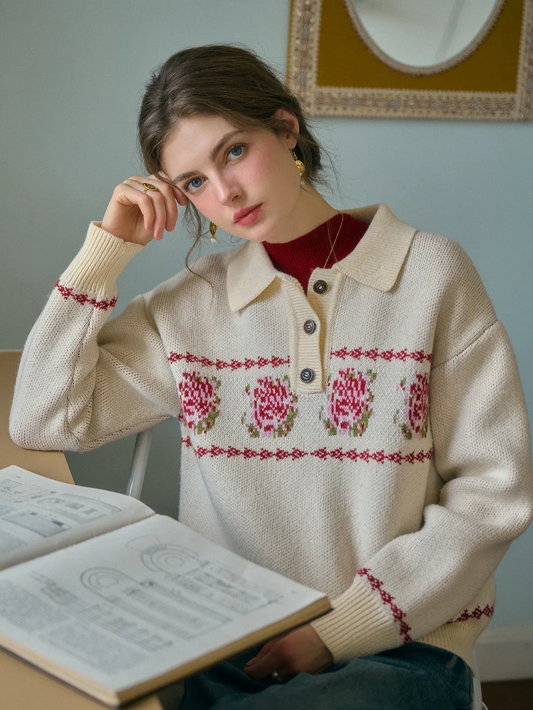 Lea Knitted POLO Collar Rose Jacquard Fair Isle Sweater