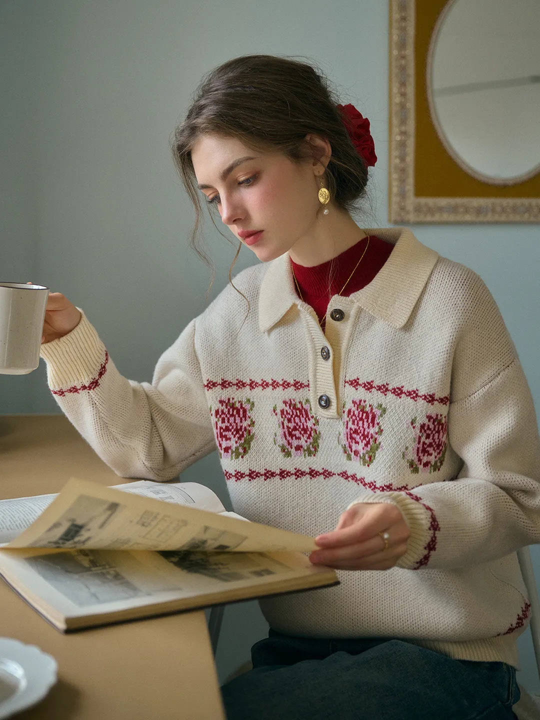 Lea Knitted POLO Collar Rose Jacquard Fair Isle Sweater