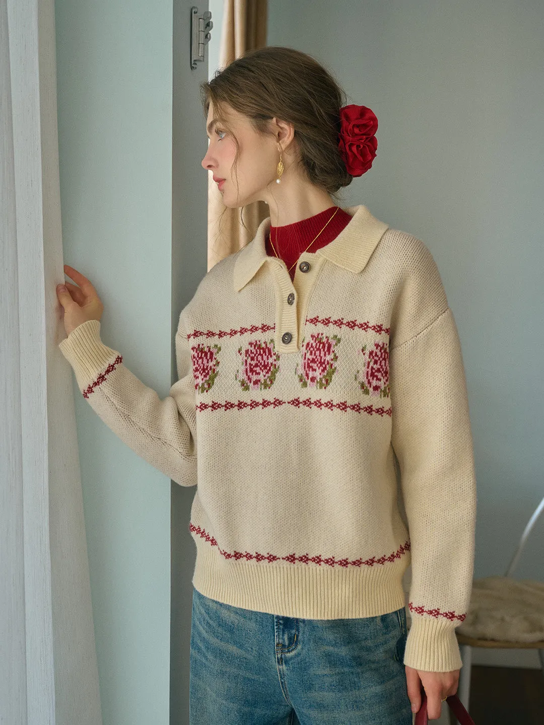 Lea Knitted POLO Collar Rose Jacquard Fair Isle Sweater