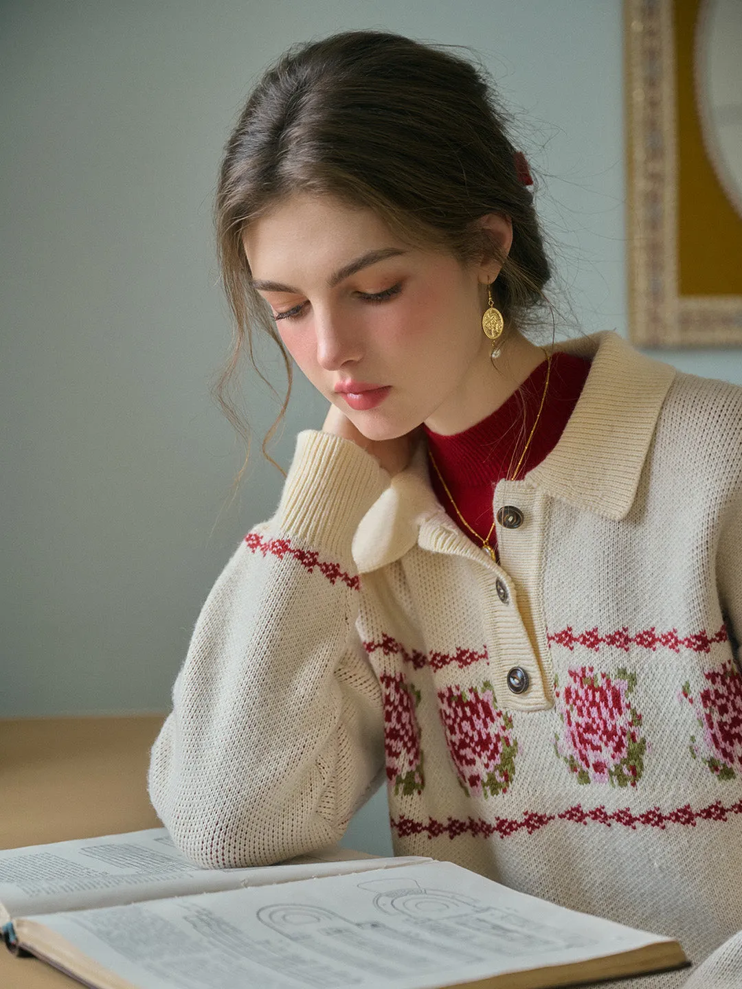 Lea Knitted POLO Collar Rose Jacquard Fair Isle Sweater