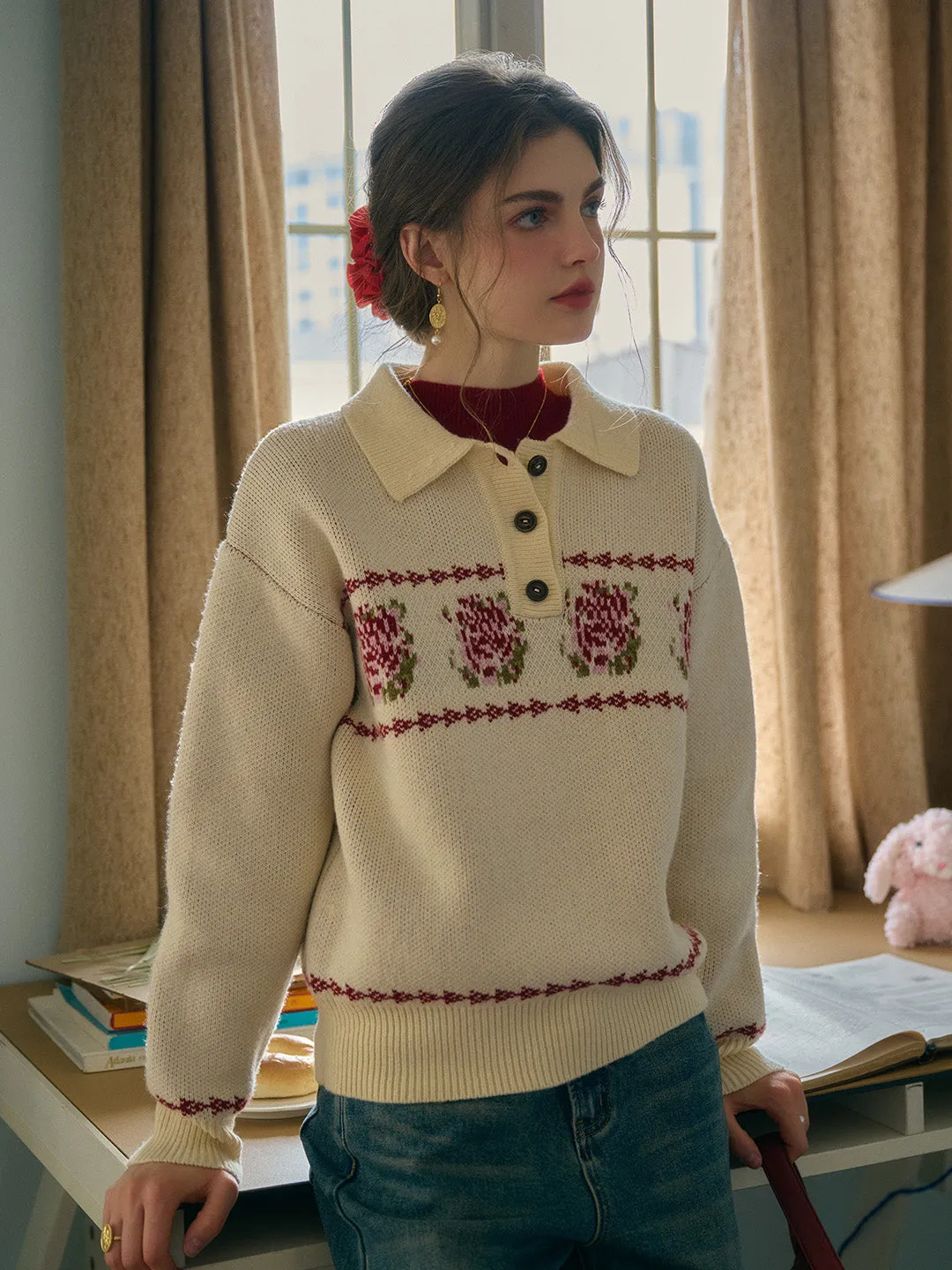 Lea Knitted POLO Collar Rose Jacquard Fair Isle Sweater