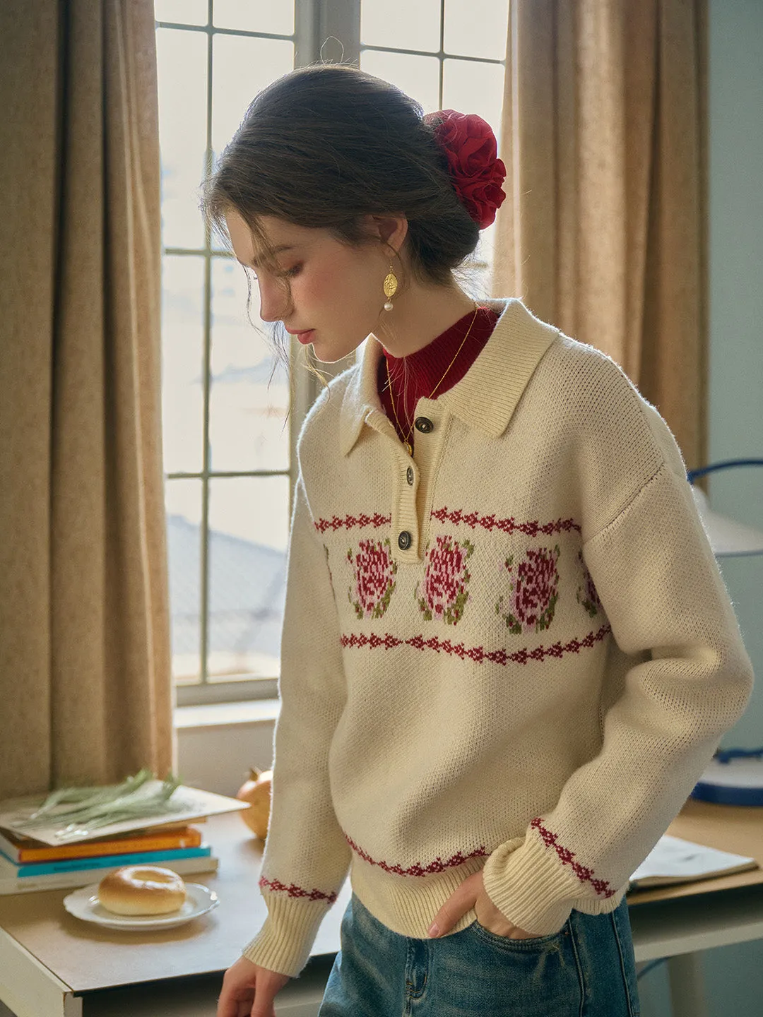 Lea Knitted POLO Collar Rose Jacquard Fair Isle Sweater