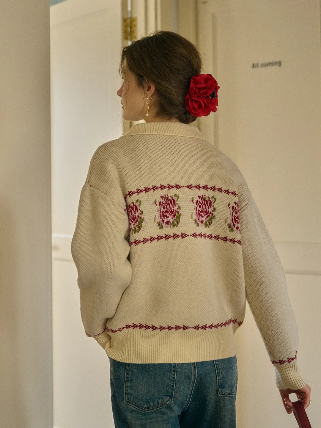 Lea Knitted POLO Collar Rose Jacquard Fair Isle Sweater