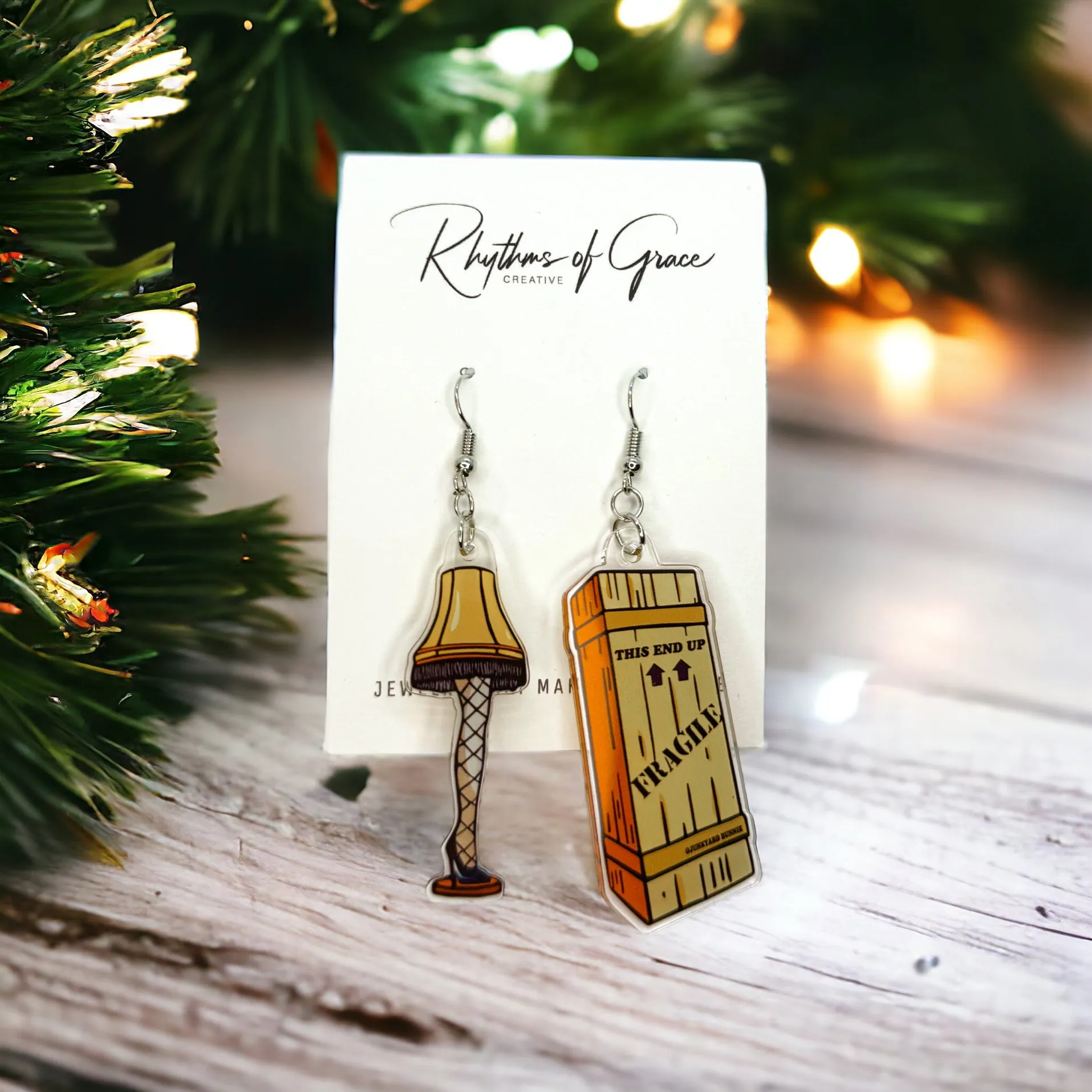 Leg Lamp Earrings - Fragile, Christmas Earrings, Christmas Jewelry, Handmade Earrings, Holiday Earrings