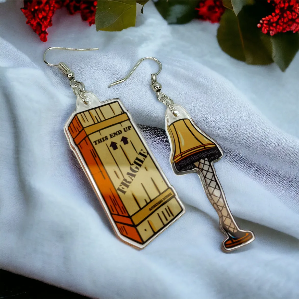 Leg Lamp Earrings - Fragile, Christmas Earrings, Christmas Jewelry, Handmade Earrings, Holiday Earrings