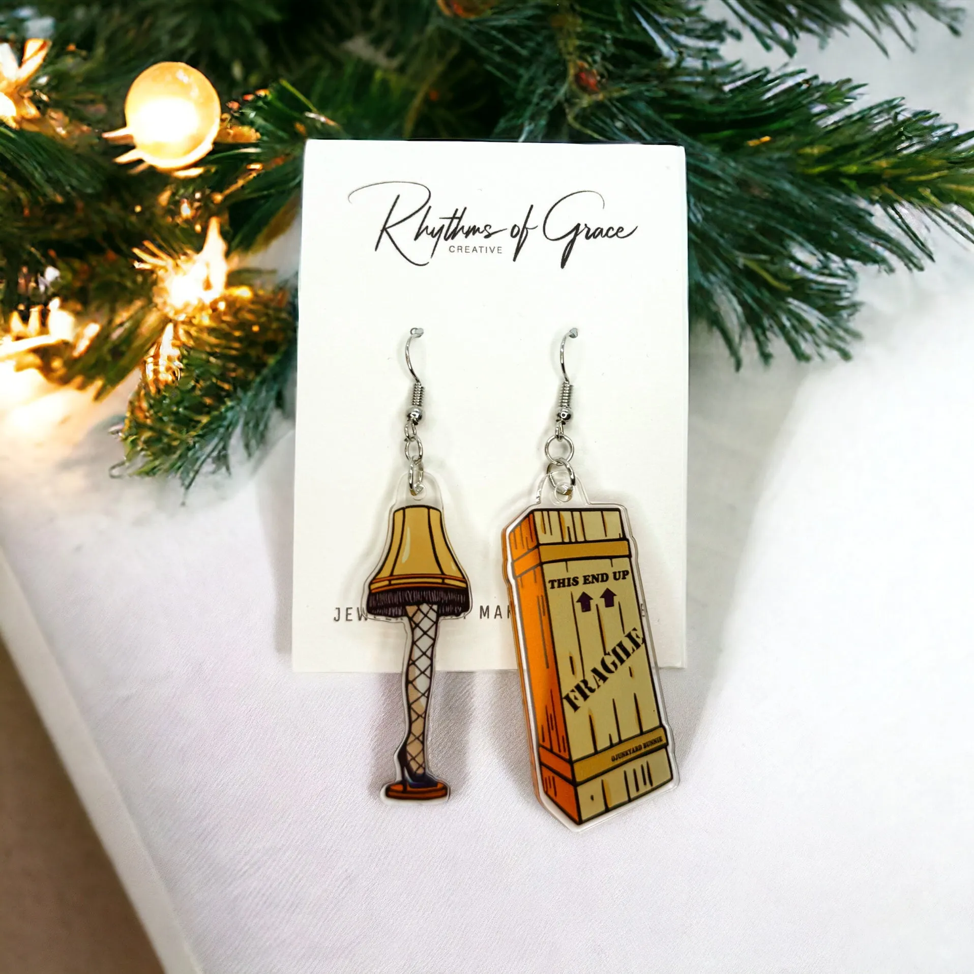 Leg Lamp Earrings - Fragile, Christmas Earrings, Christmas Jewelry, Handmade Earrings, Holiday Earrings