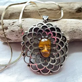 Los Ballesteros Sterling Silver Carved Tigers Eye Pendant Necklace, Tribal Ethnic Taxco Mexico