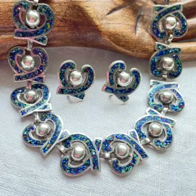 Margot De Taxco Necklace Earring Set, Silver & Blue Confetti Champleve Enamel #5463, Original Tags