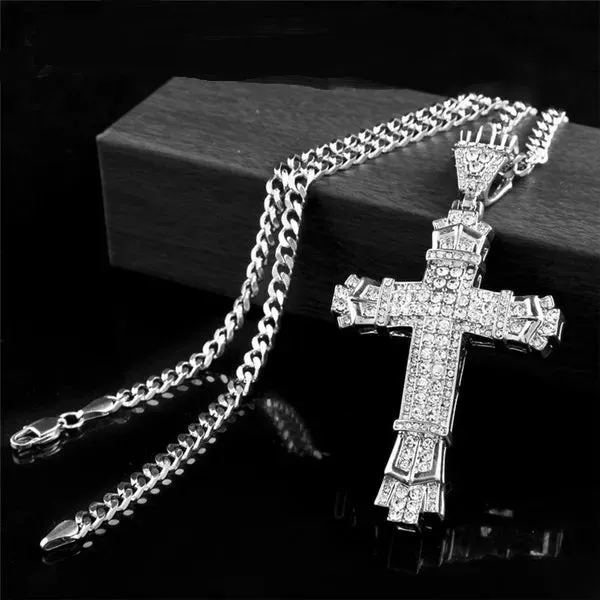 Men's Fashion Jewelry 18K Gold/925 Silver Diamond Stainless Steel Cross Pendant Necklace Chain