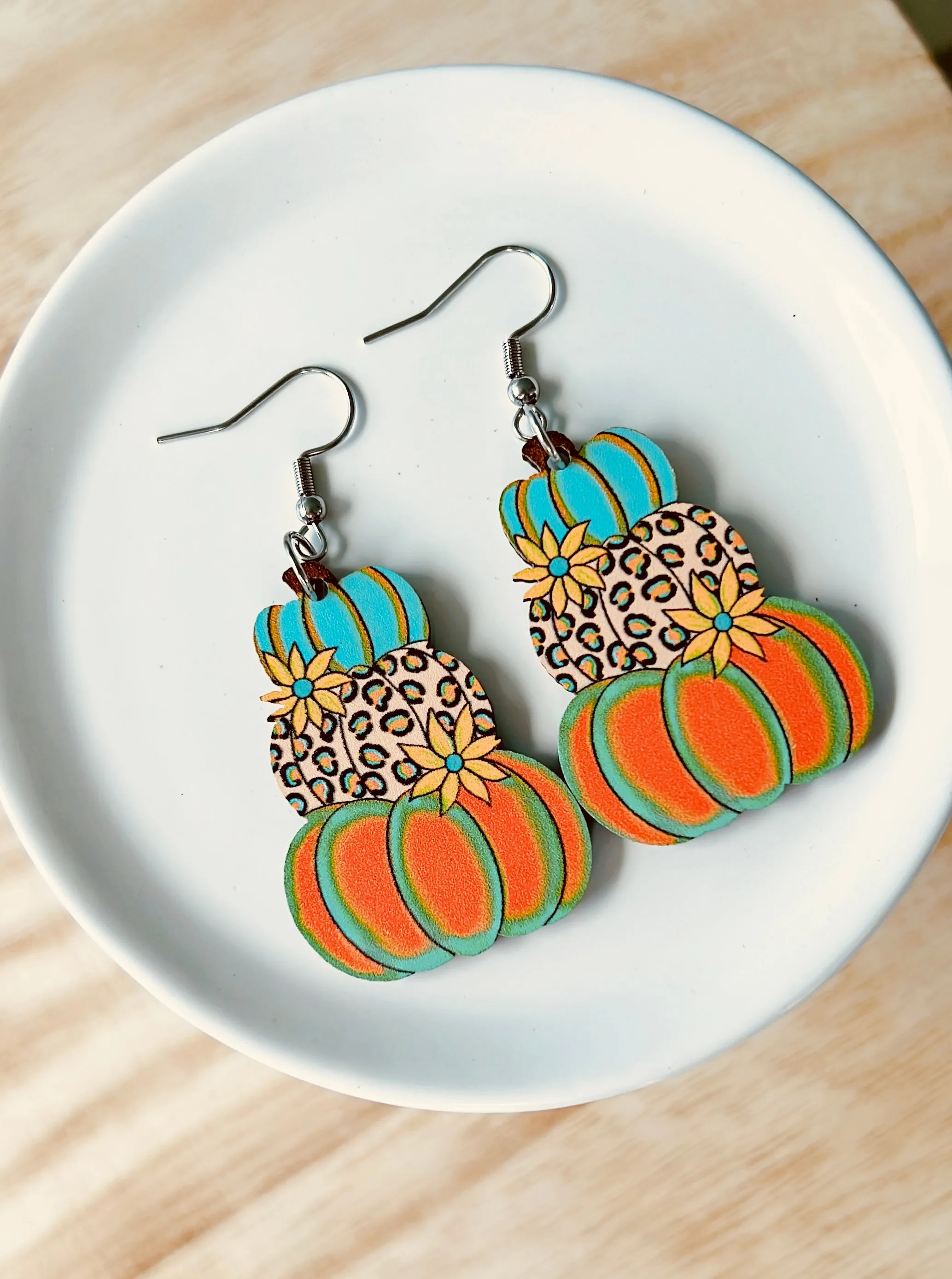 Multicolored Wooden Stacked Pumpkin Earrings