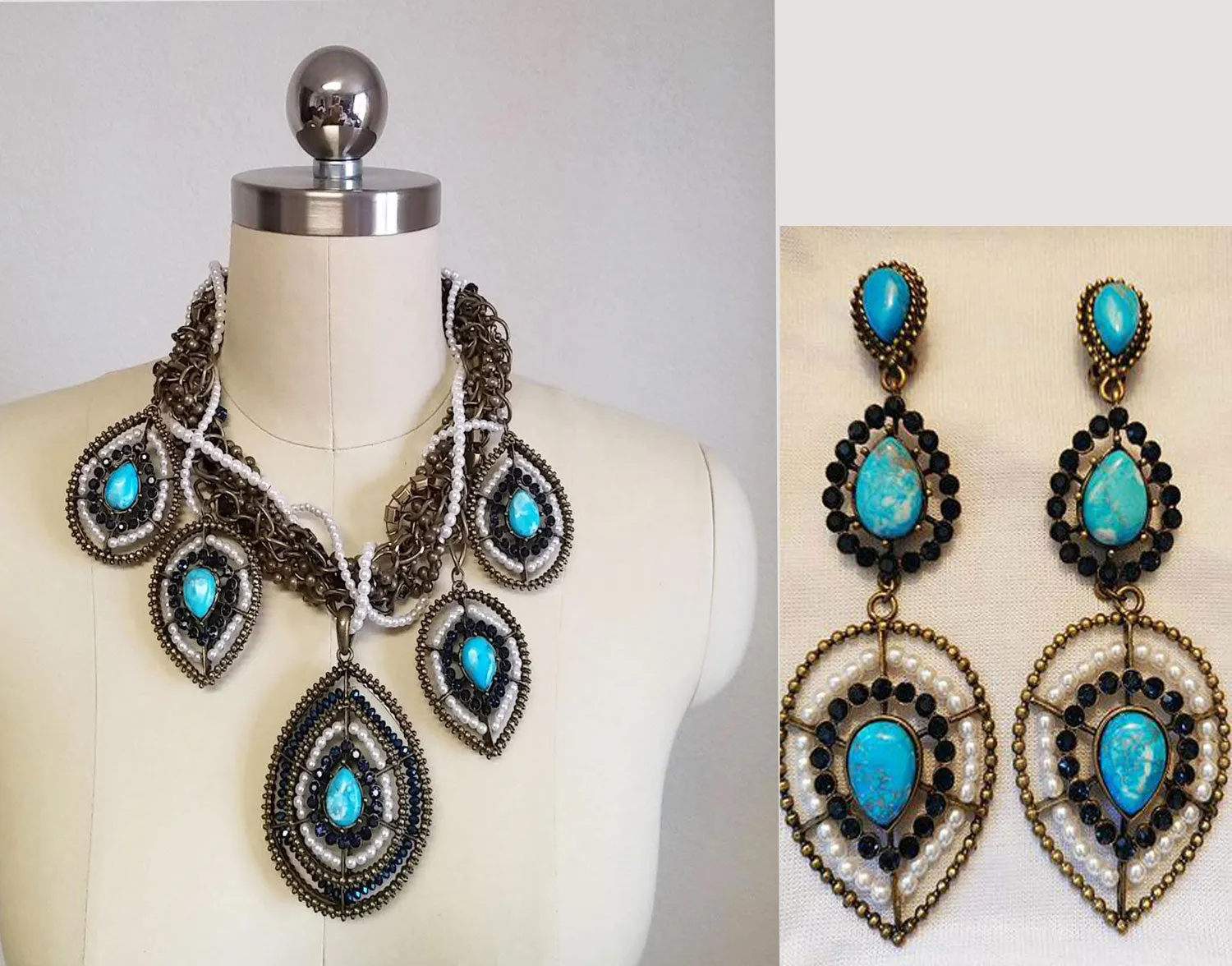 *NEW OLD STOCK WITH TAG -  CHICOS RETIRED STUNNING LARGE FAUX TURQUOISE, SPARKLING BEADS & FAUX PEARL COLLECTIBLE NECKLACE & EARRING SET