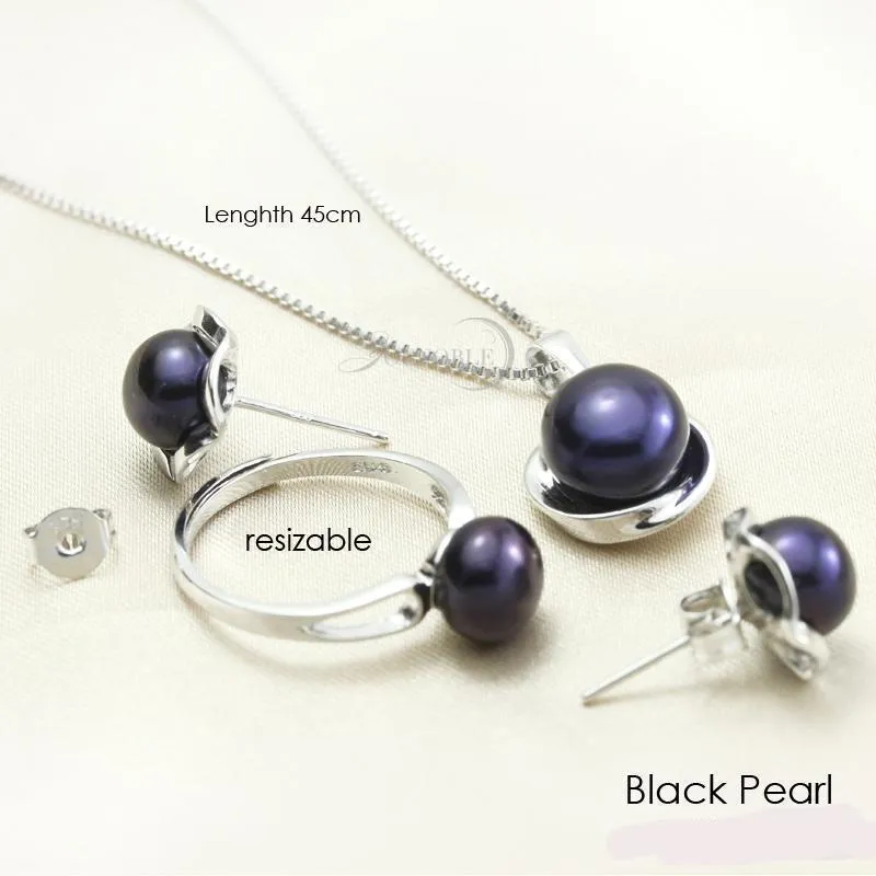 Real Natural Freshwater Pearl 925 Sterling Silver Necklace Earring  and Ring  Set