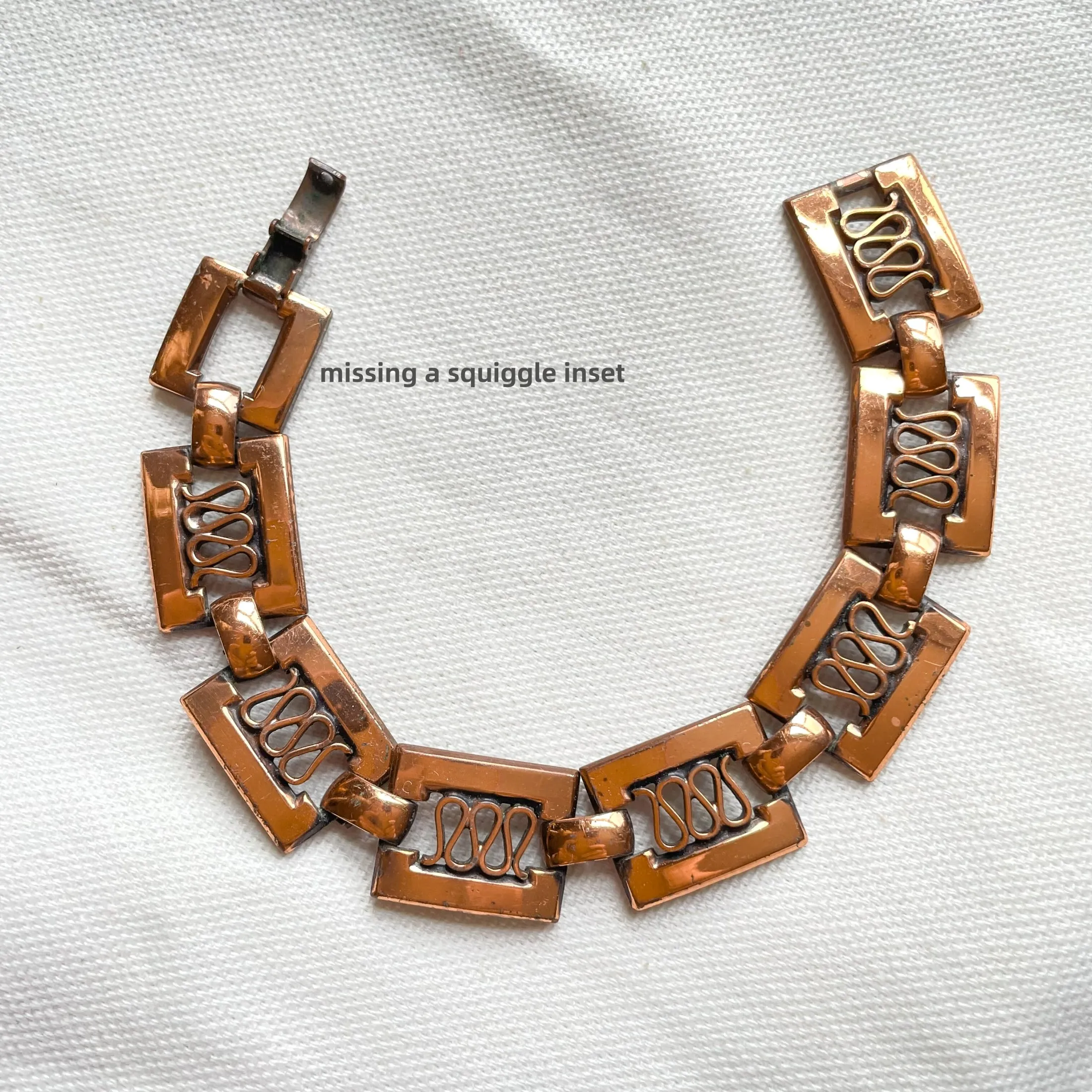 Renoir Vintage Modernist Copper Link Bracelet, Missing 1 inset