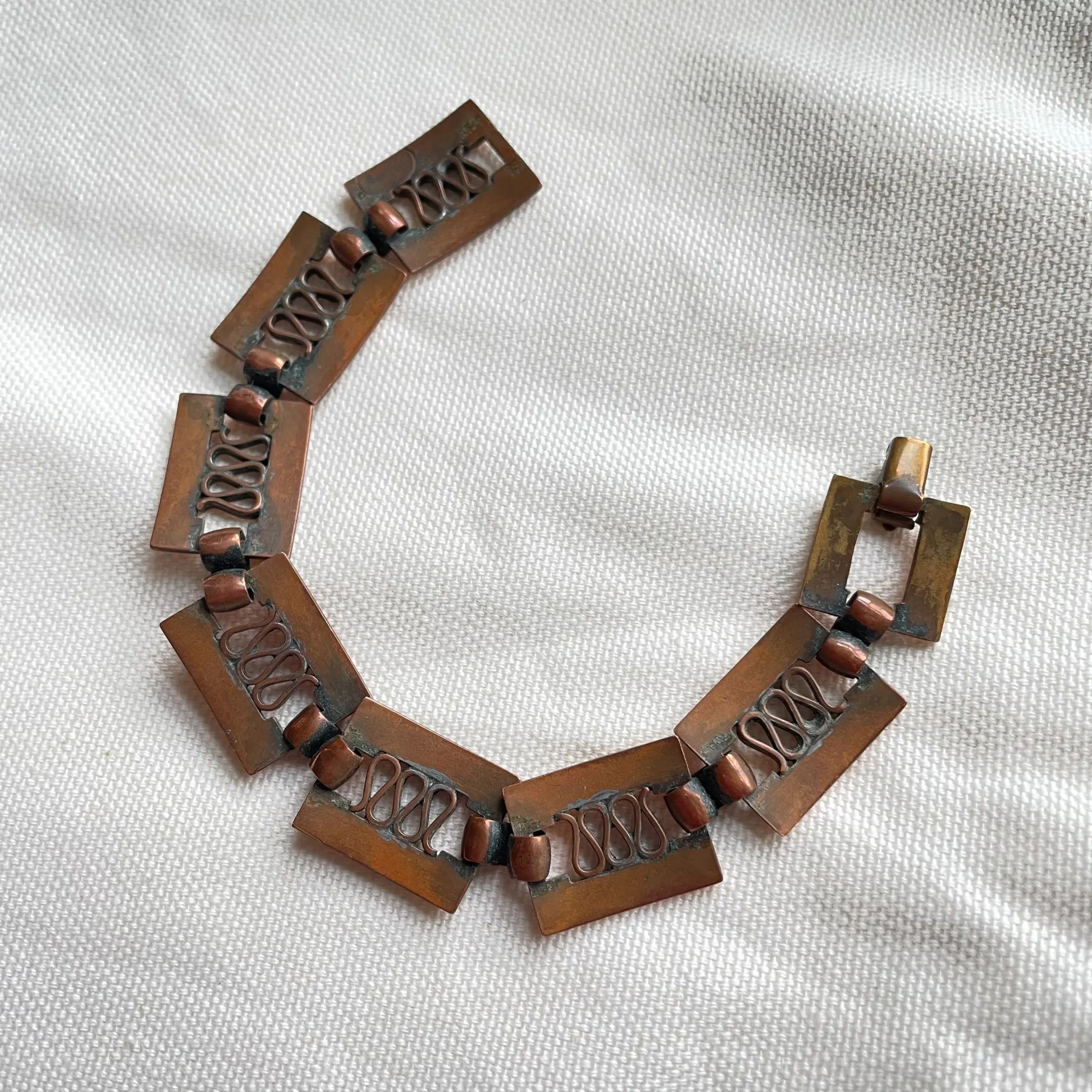 Renoir Vintage Modernist Copper Link Bracelet, Missing 1 inset