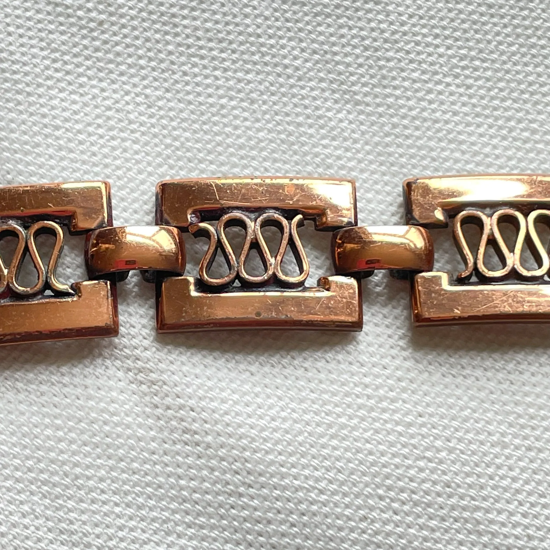 Renoir Vintage Modernist Copper Link Bracelet, Missing 1 inset