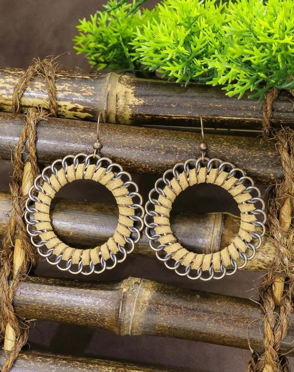 Round Leather and Spiral Drop Earrings