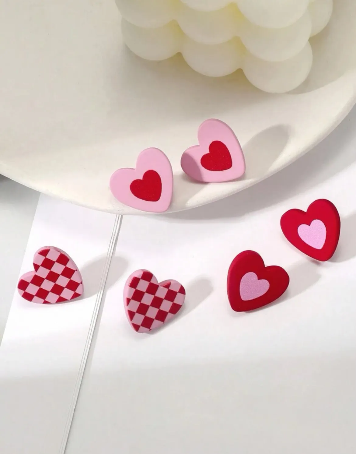 Set of 3 Pink and Red Heart Studs