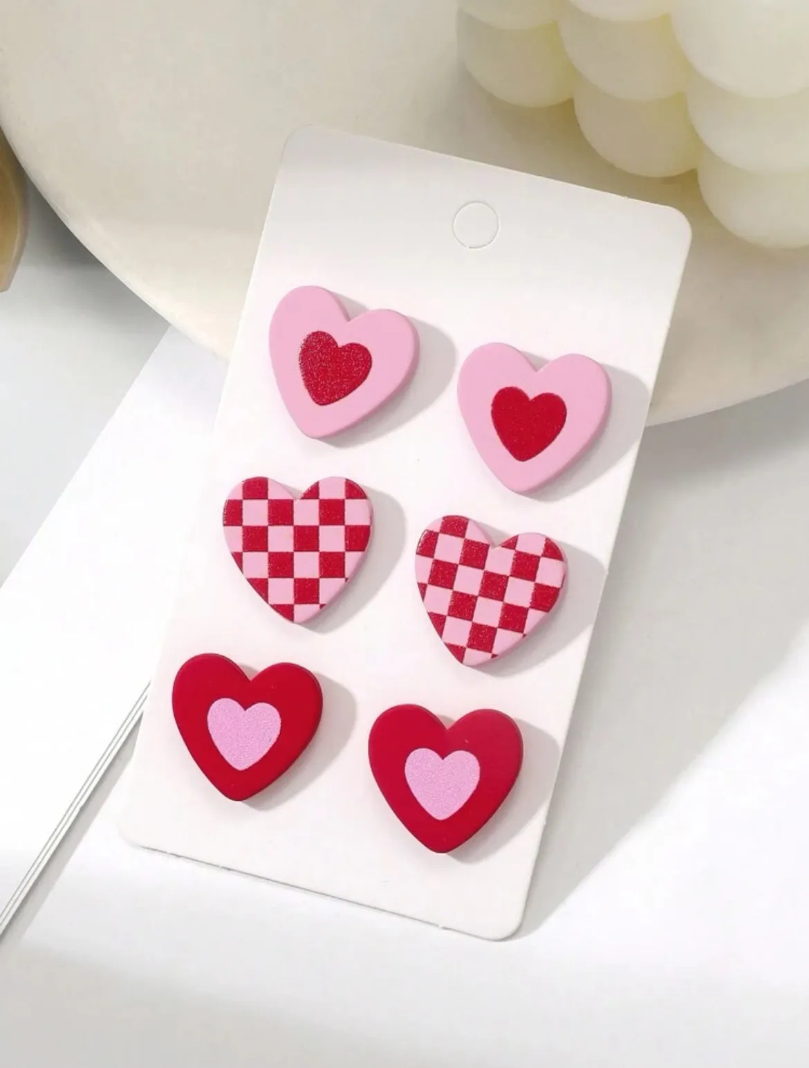 Set of 3 Pink and Red Heart Studs