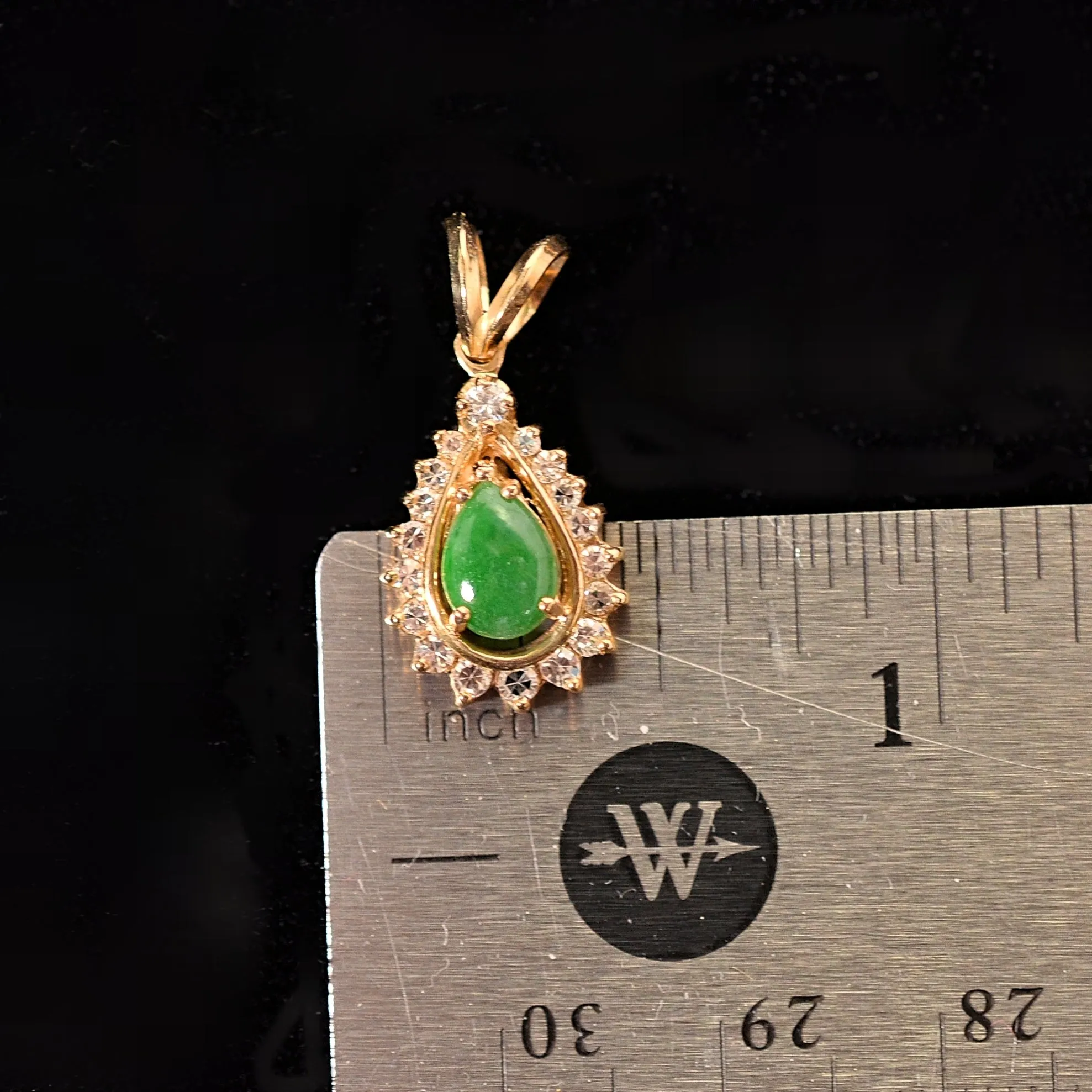 Small Vintage Green Jadeite 14K Gold Diamond Pendant, Pear Shape