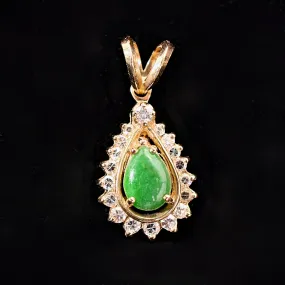 Small Vintage Green Jadeite 14K Gold Diamond Pendant, Pear Shape