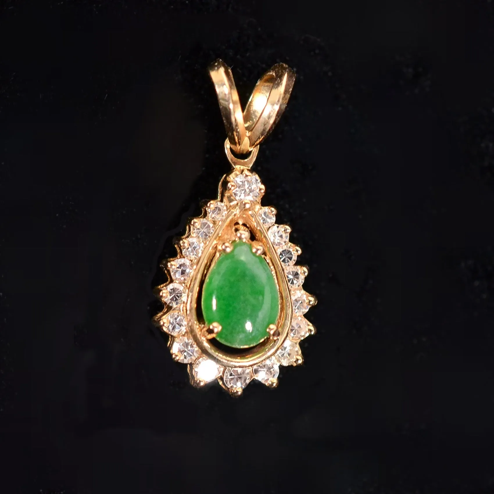 Small Vintage Green Jadeite 14K Gold Diamond Pendant, Pear Shape