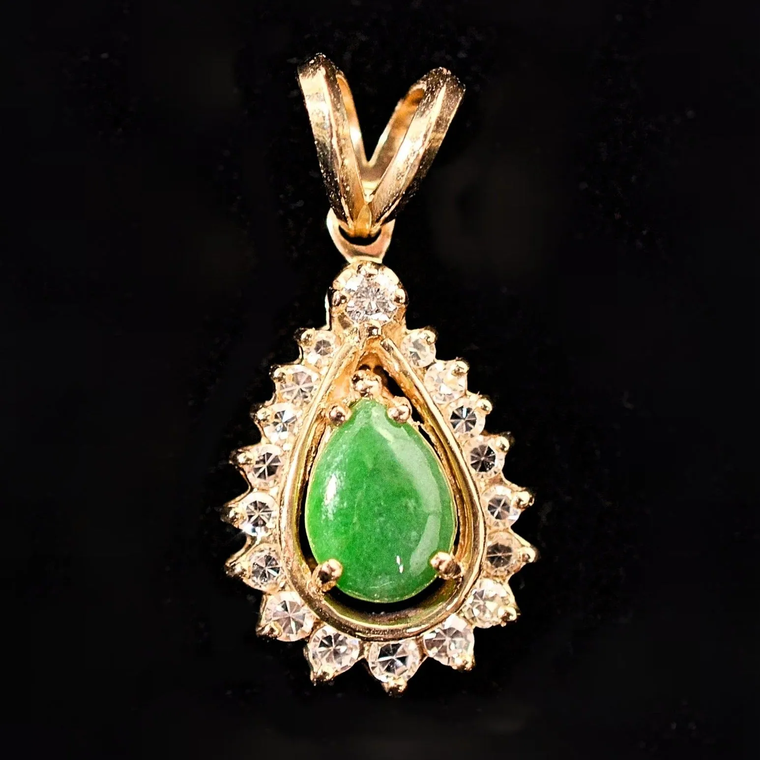 Small Vintage Green Jadeite 14K Gold Diamond Pendant, Pear Shape