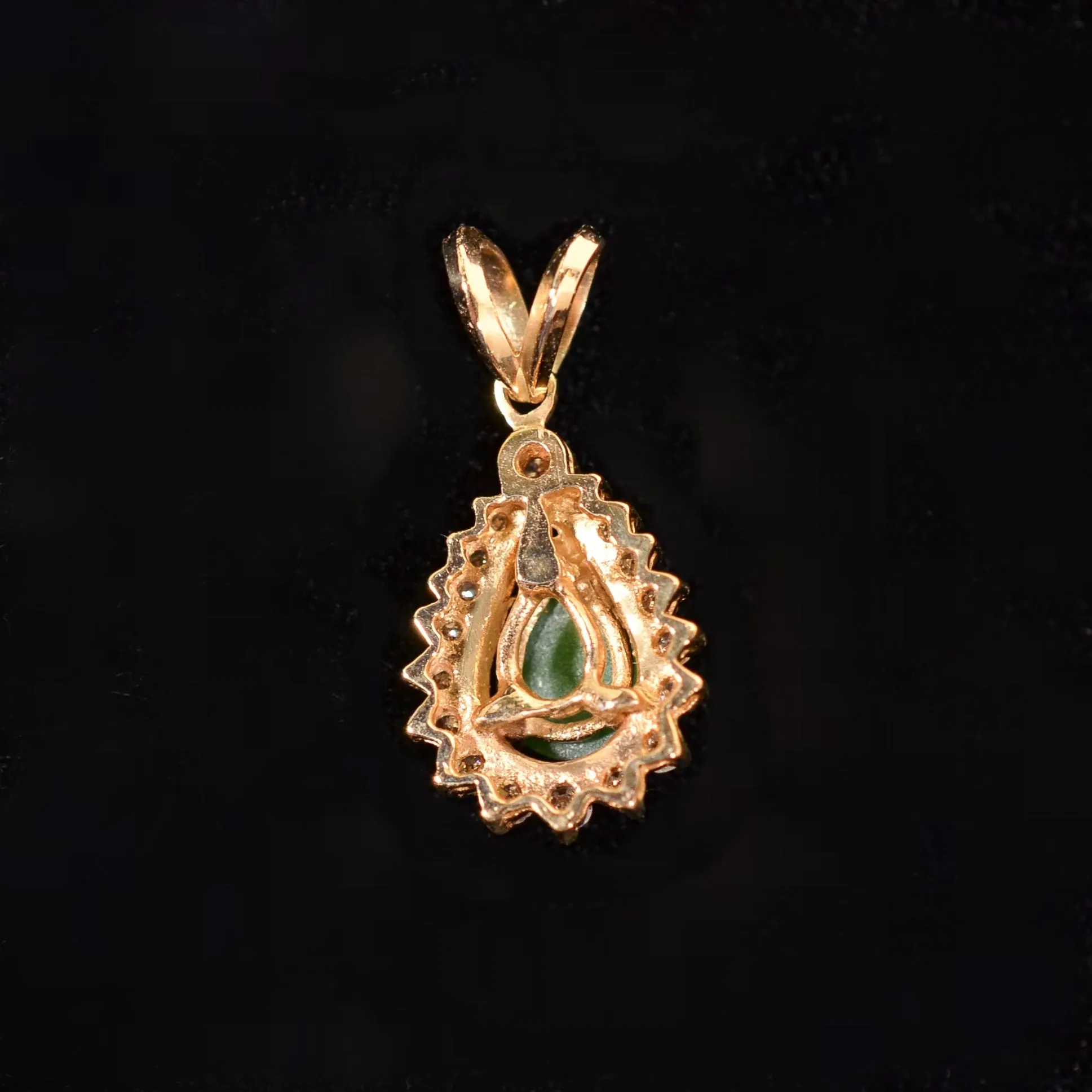 Small Vintage Green Jadeite 14K Gold Diamond Pendant, Pear Shape