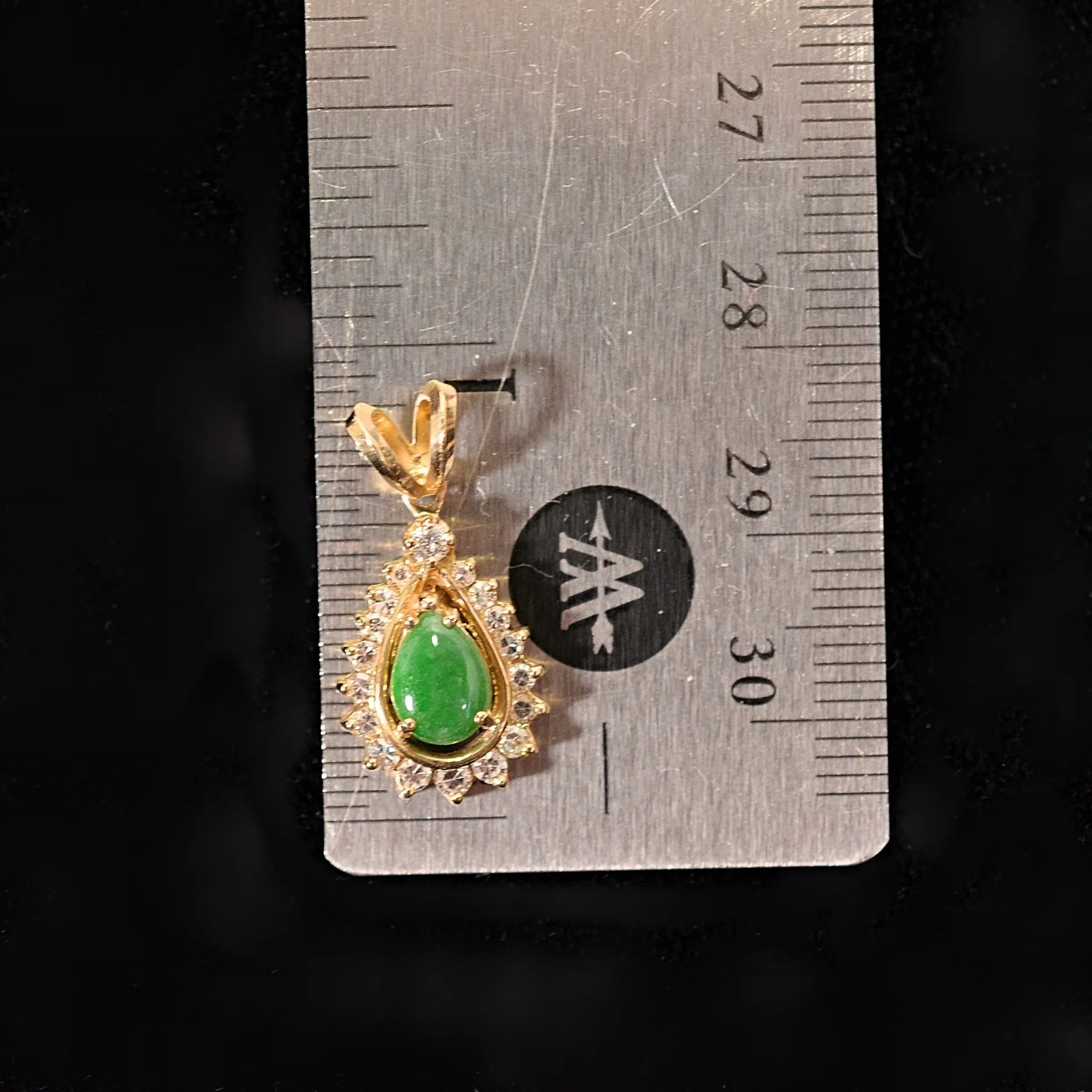 Small Vintage Green Jadeite 14K Gold Diamond Pendant, Pear Shape