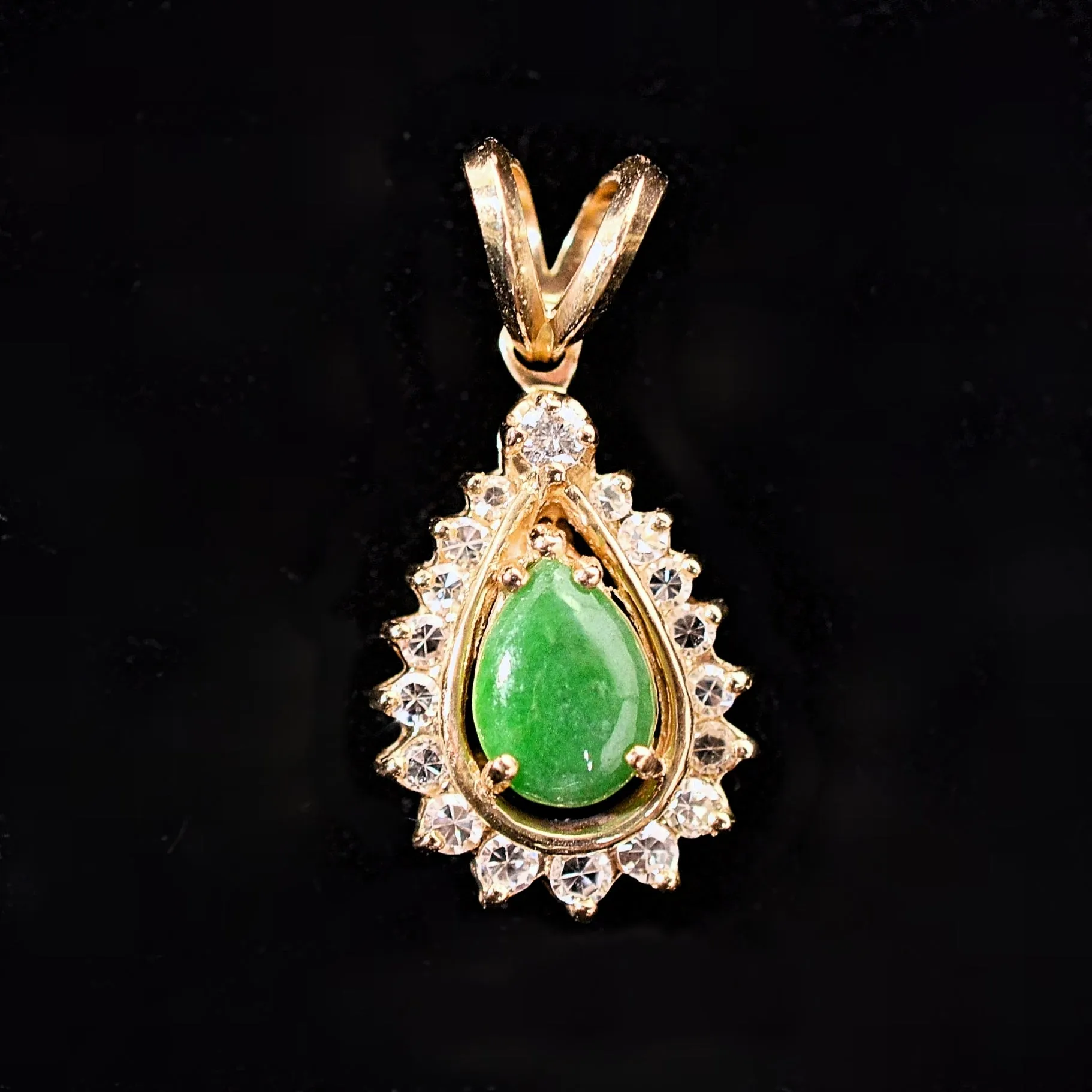 Small Vintage Green Jadeite 14K Gold Diamond Pendant, Pear Shape