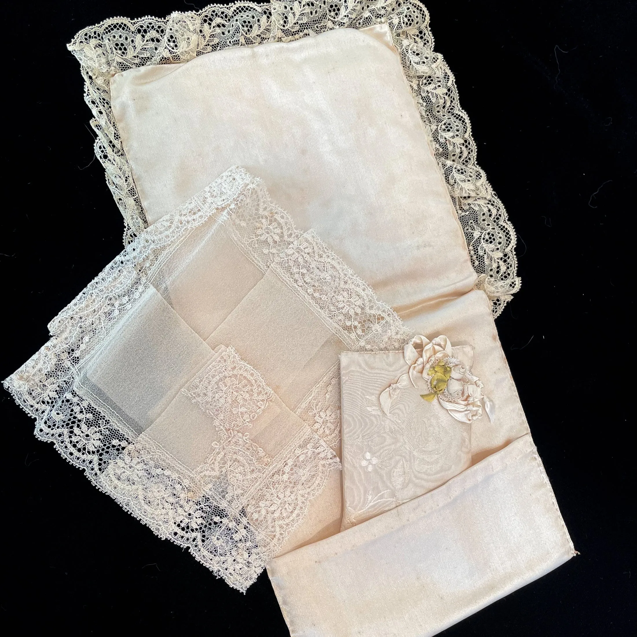 SOLD Antique Wedding Ring Pillow With Handkerchief & Sachet, 1920s Bridal Collection, Ribbon Lace Wedding Memento, Prop Costume Display