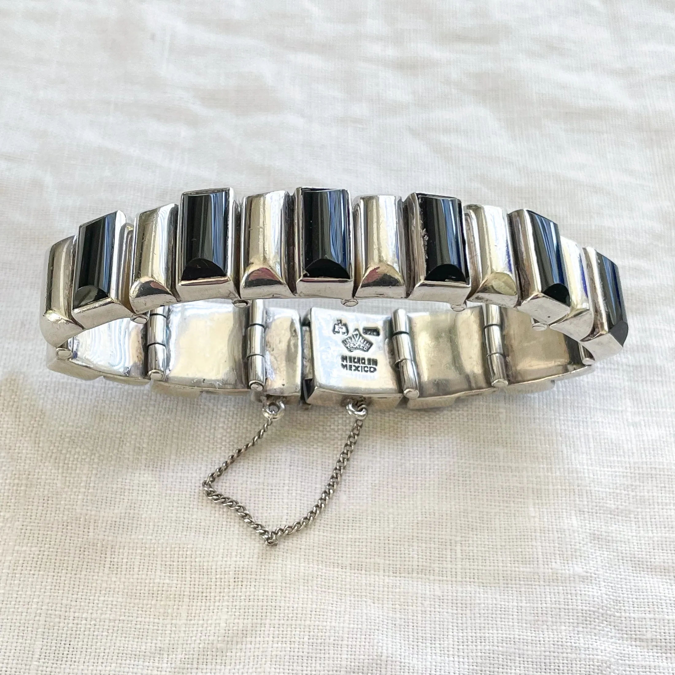 SOLD Vintage Antonio Pineda 970 Silver Onyx Modernist Bracelet 6 5/8"L