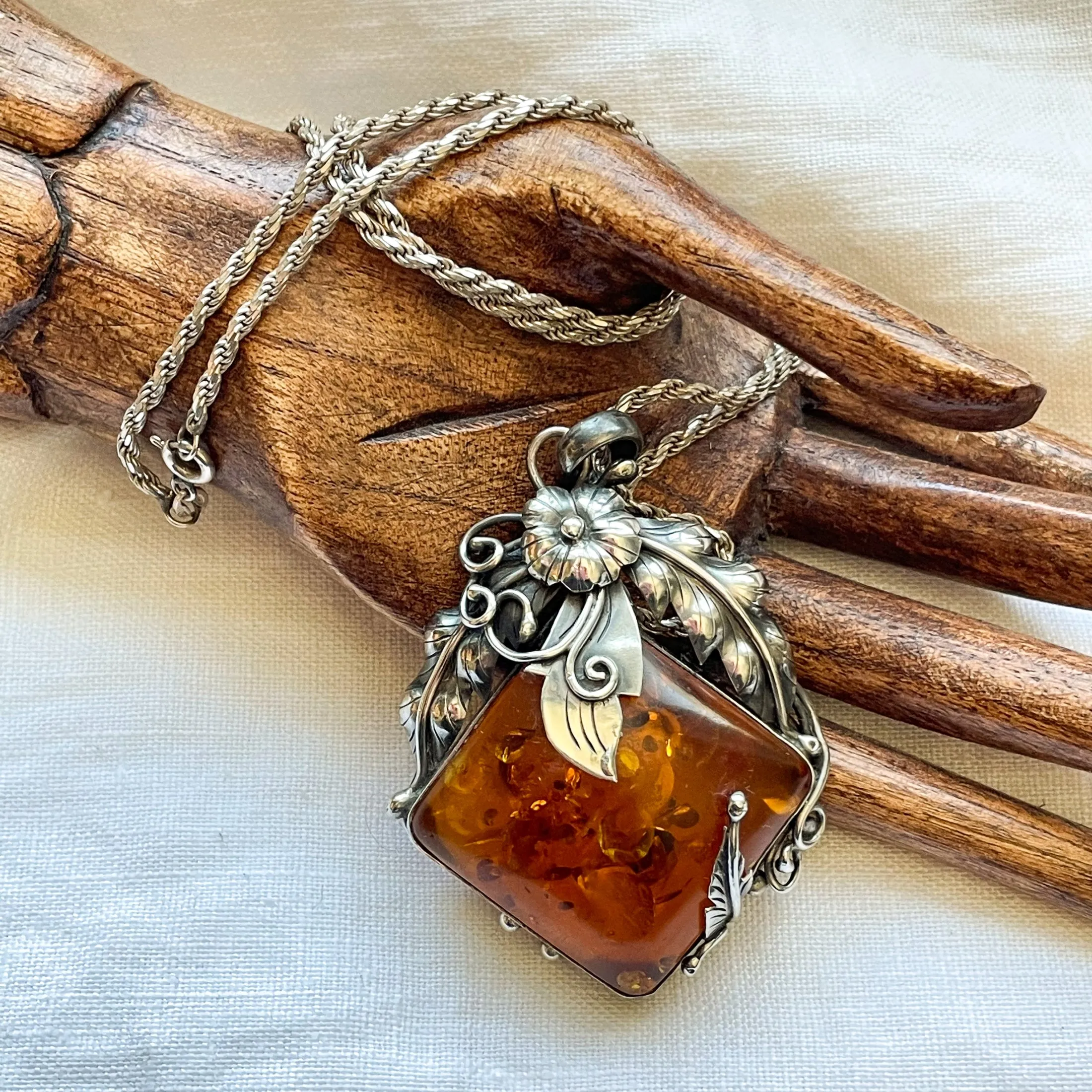 SOLD Vintage Baltic Amber Sterling Silver Pendant Necklace, Art Nouveau Style